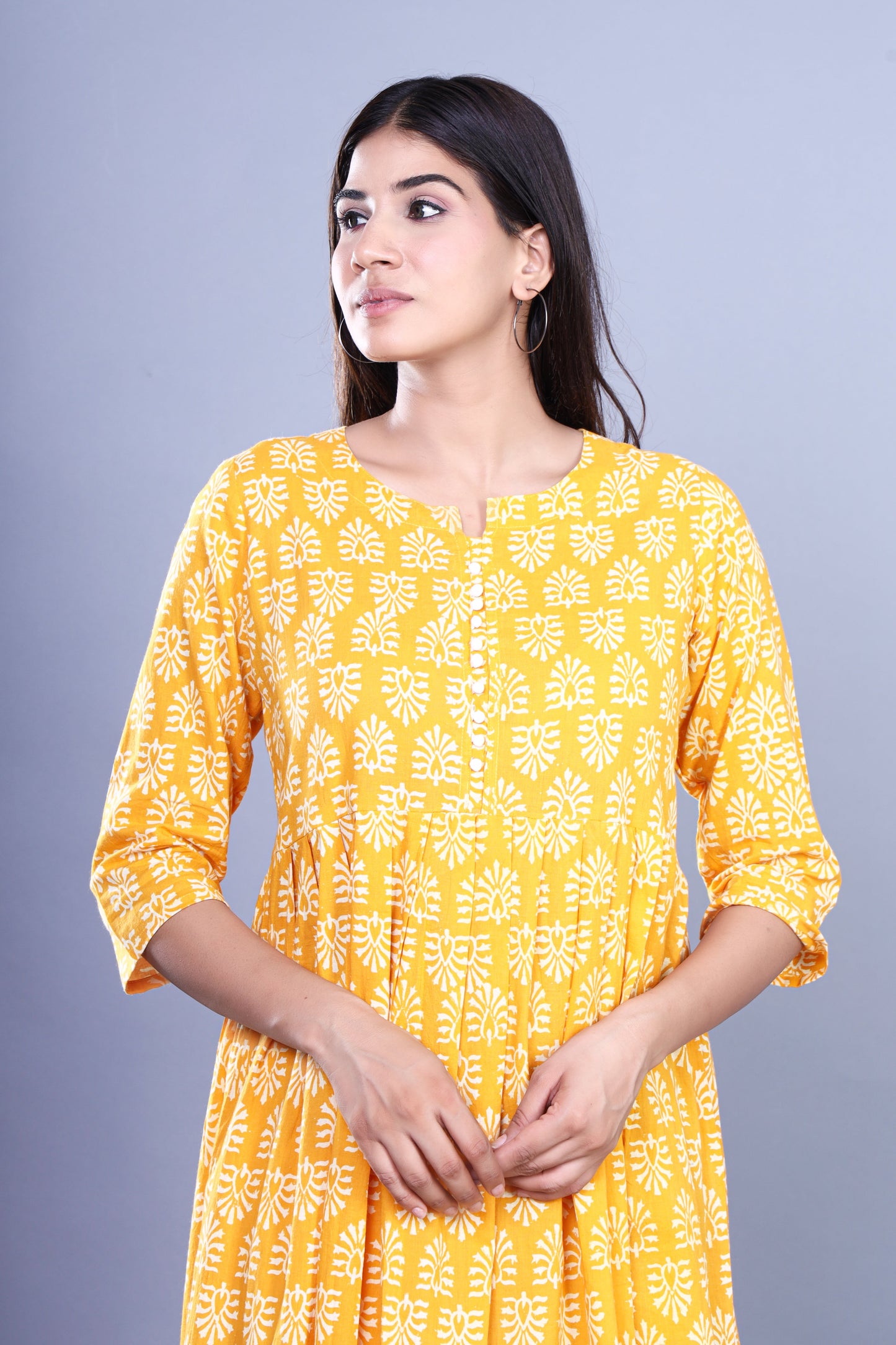 Yellow Jaipuri Handblock Printed Cotton Long Kurti with Booti Print and Pocket