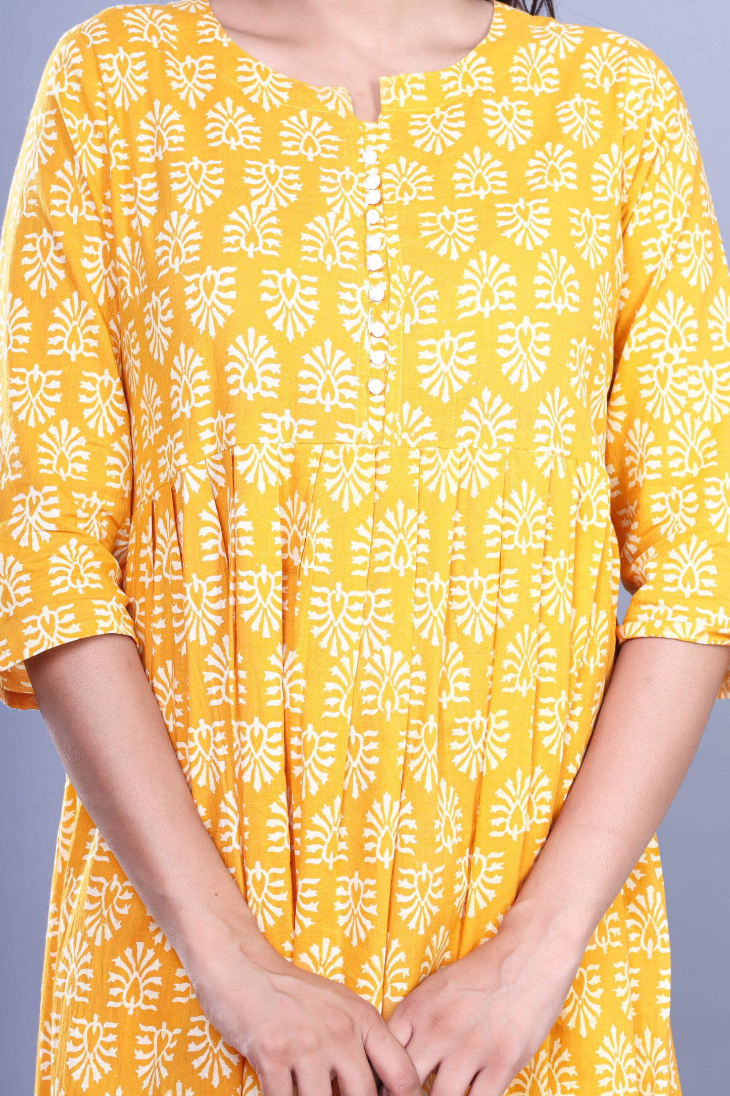 Yellow Jaipuri Handblock Printed Cotton Long Kurti with Booti Print and Pocket