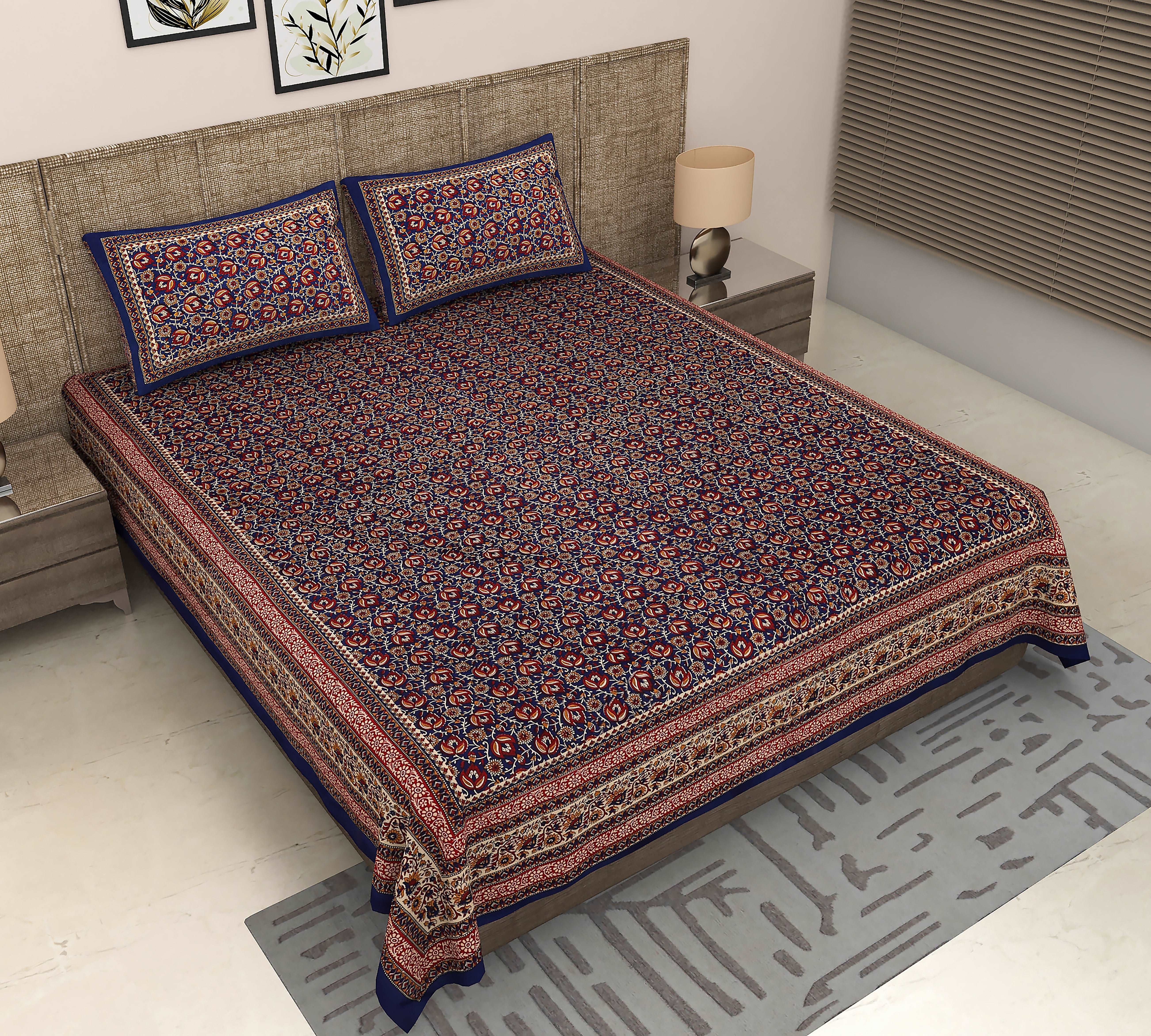 Jaipuri Charm: King Size Blue Floral Bedsheet with Kalamkari Printing