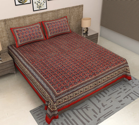 Rajasthani Splendor: King Size Red Floral Kalamkari Printed Bedsheet