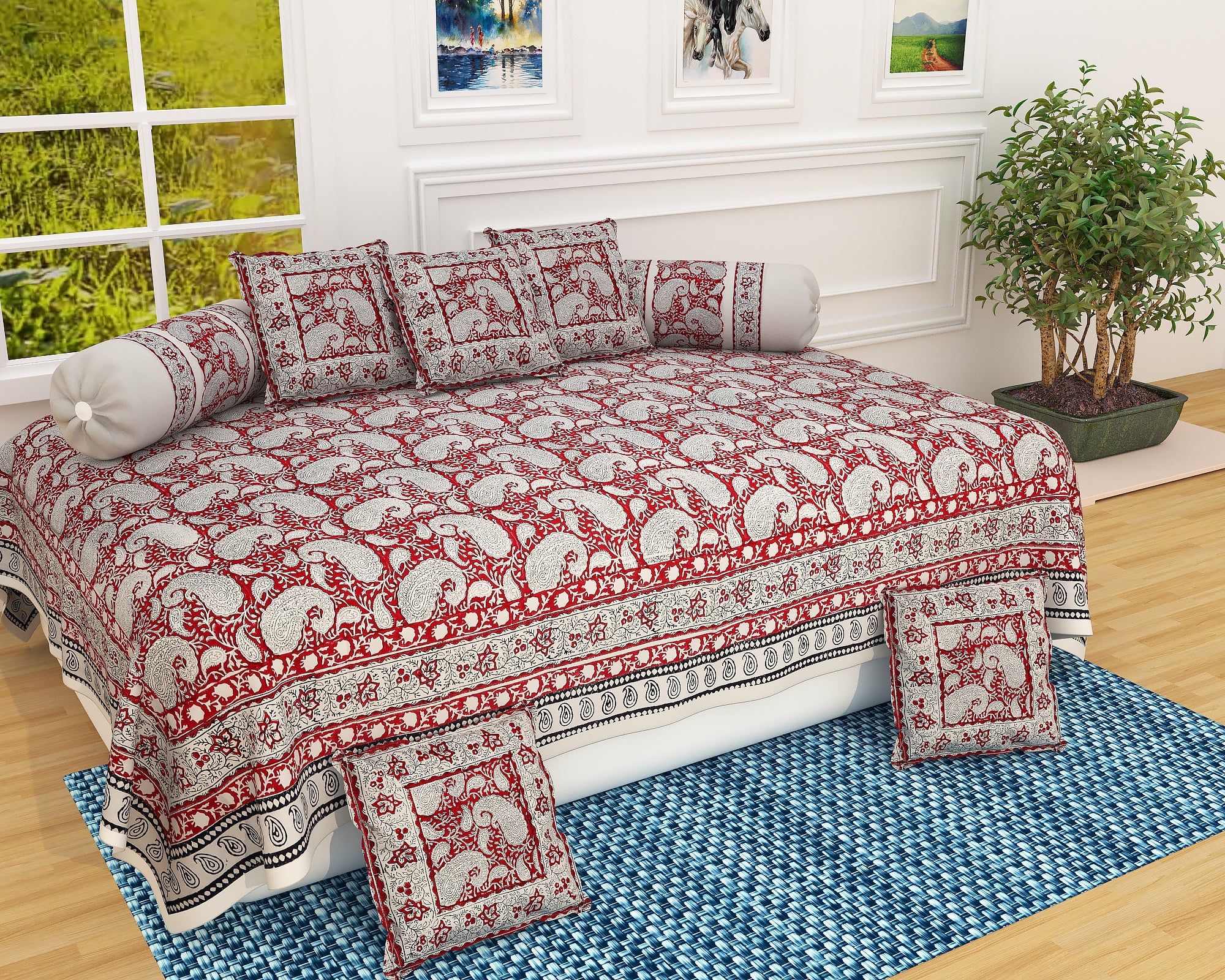 Traditional Elegance: Sanganeri Boota Print Diwan Set in Rich Red