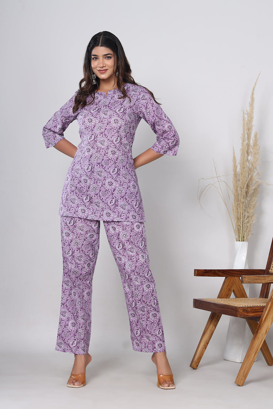 Srishti Textile Pure Cotton Purple Floral Handblock Print Co-ord Set - Perfect for Casual Wear