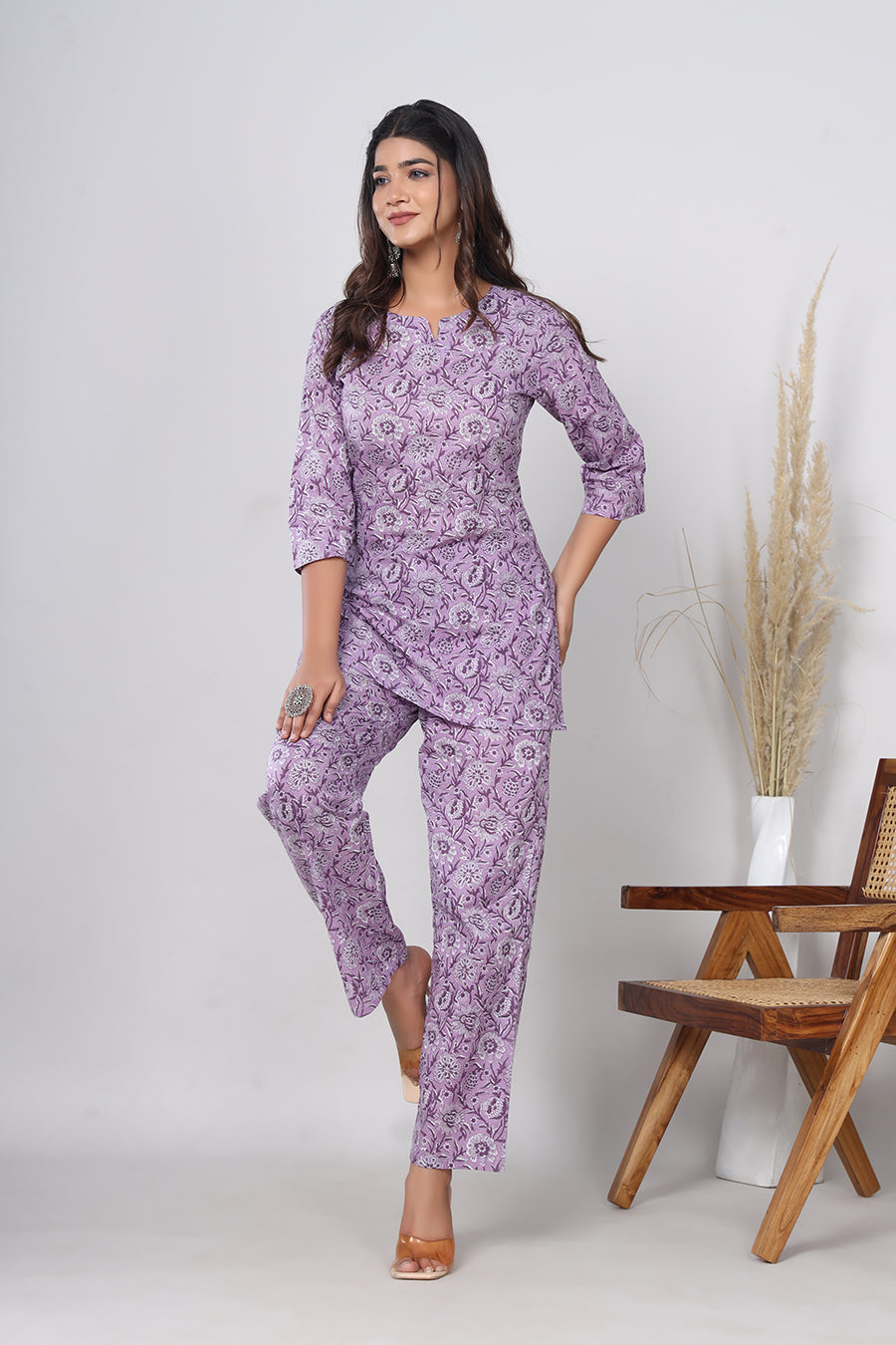 Srishti Textile Pure Cotton Purple Floral Handblock Print Co-ord Set - Perfect for Casual Wear