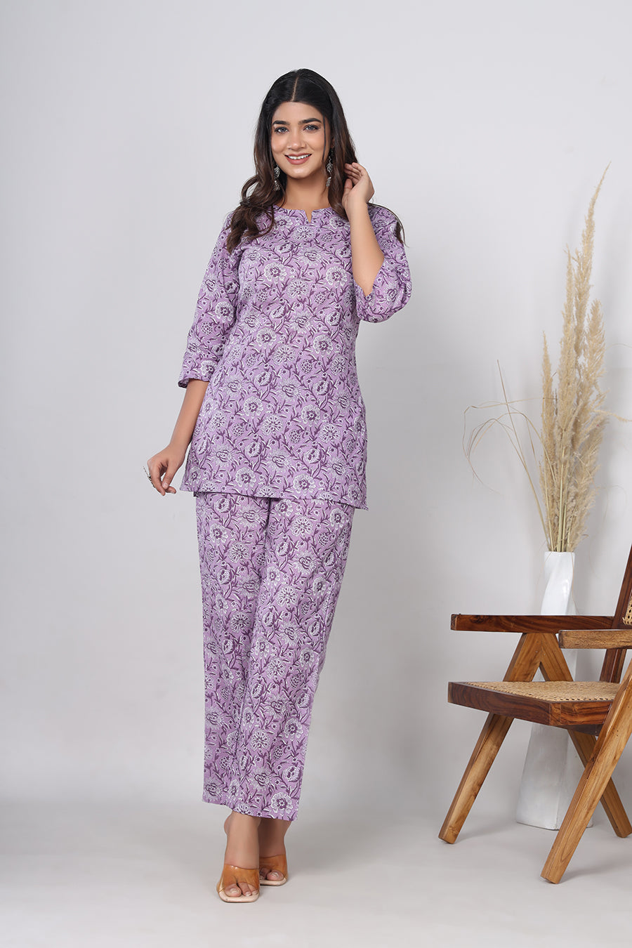 Srishti Textile Pure Cotton Purple Floral Handblock Print Co-ord Set - Perfect for Casual Wear