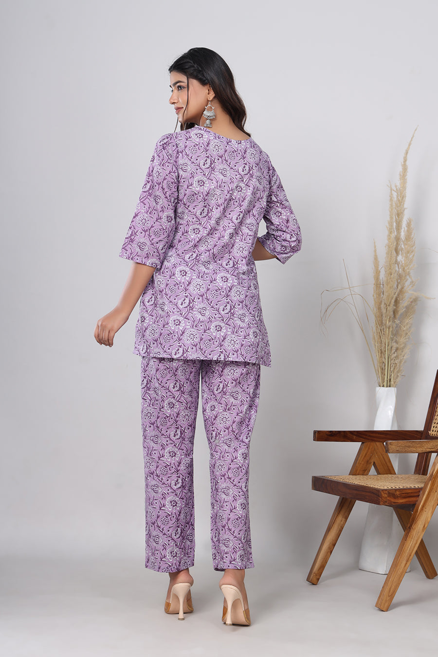 Srishti Textile Pure Cotton Purple Floral Handblock Print Co-ord Set - Perfect for Casual Wear