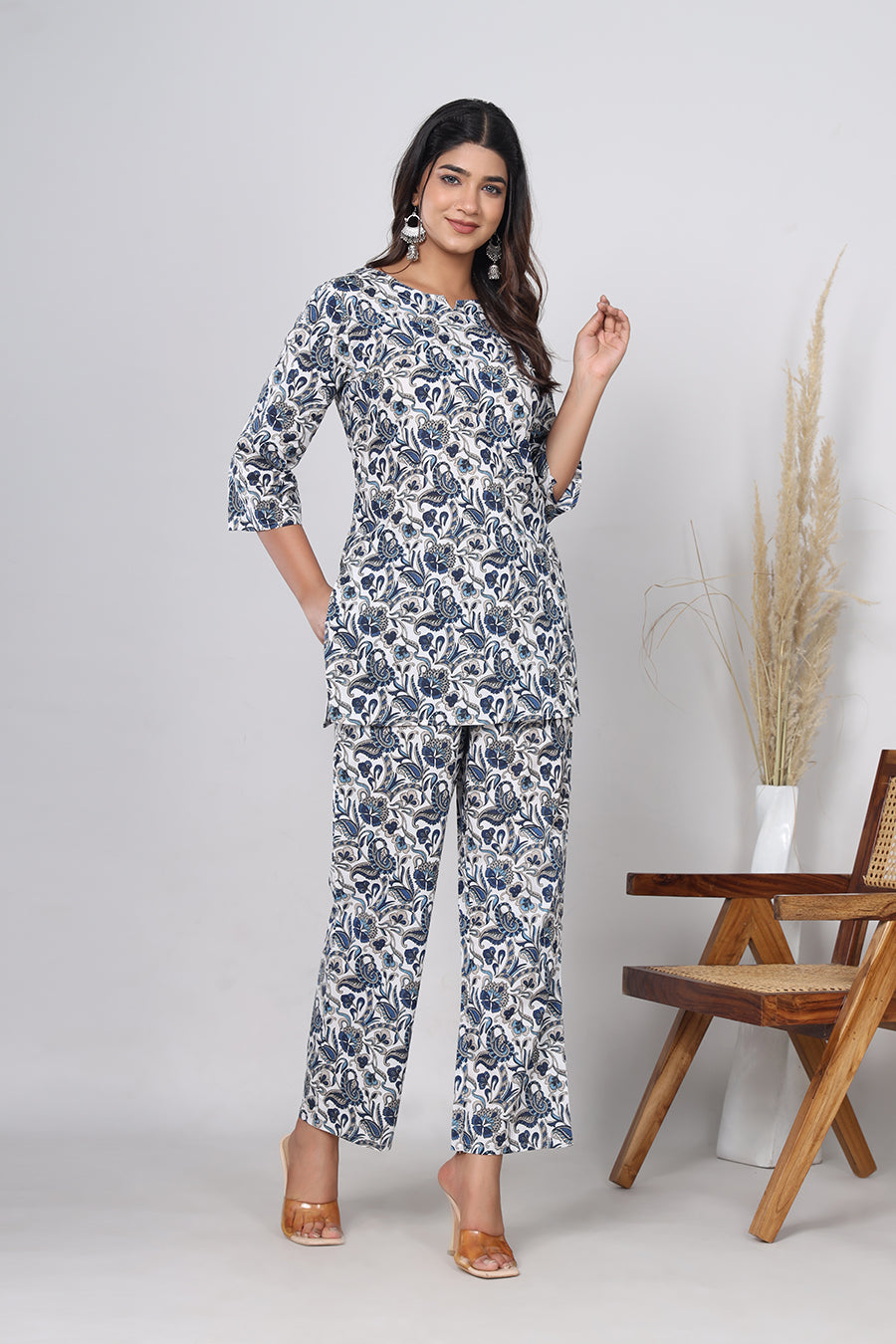 Srishti Textile Blue Floral Handblock Print Co-ord Set in Pure Cotton - Ideal for Casual Wear