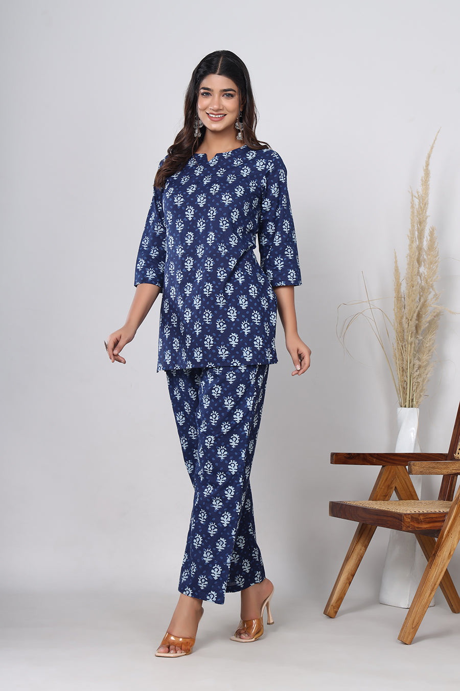 Indigo Flower Booti Block Printed Cotton Co-ord set - SRISHTI TEXTILE