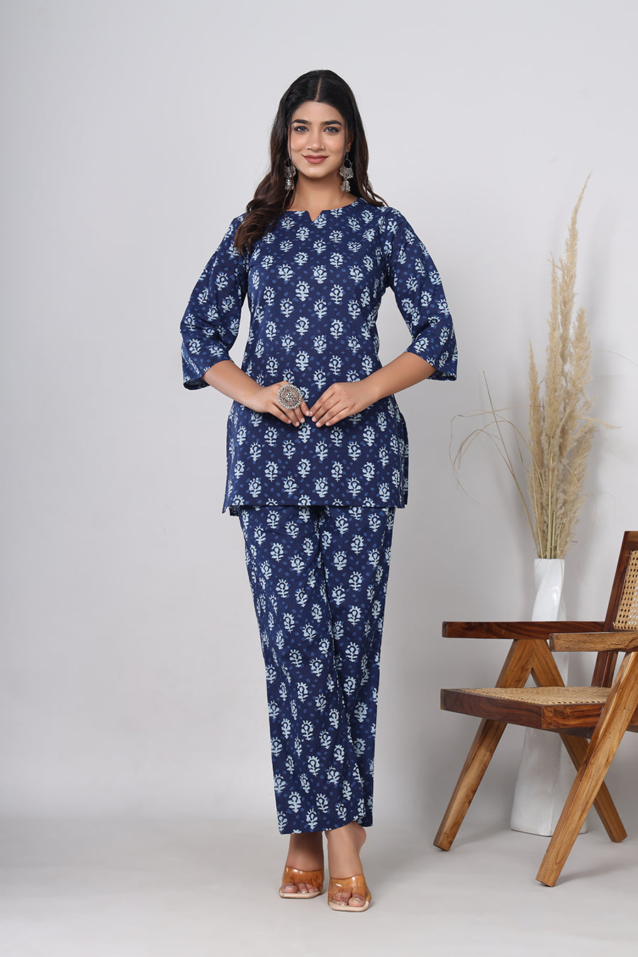 Indigo Flower Booti Block Printed Cotton Co-ord set - SRISHTI TEXTILE