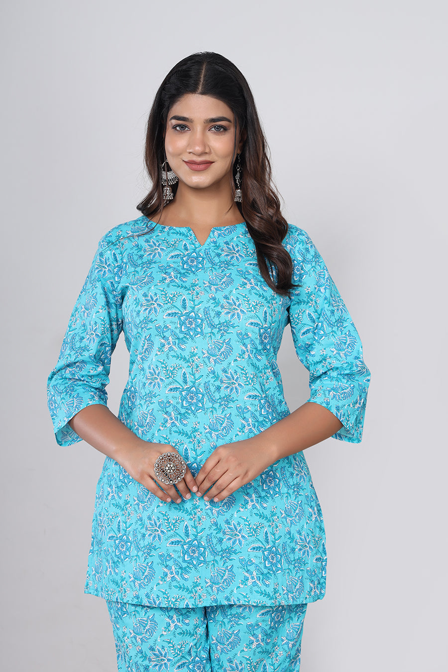 Srishti Textile Pure Cotton Bluish Cyan Floral Handblock Print Co-ord Set - Perfect for Casual Wear