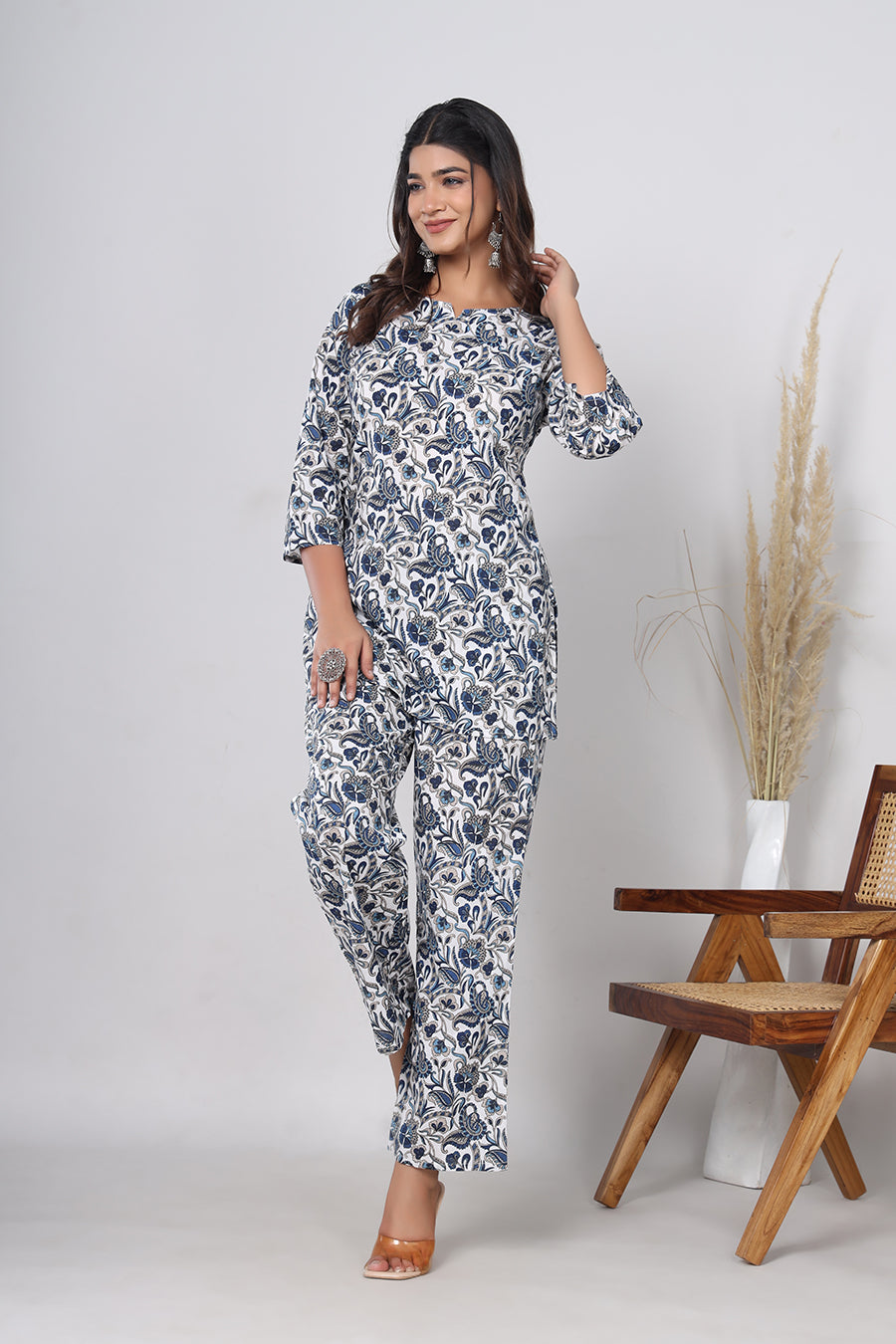 Srishti Textile Blue Floral Handblock Print Co-ord Set in Pure Cotton - Ideal for Casual Wear