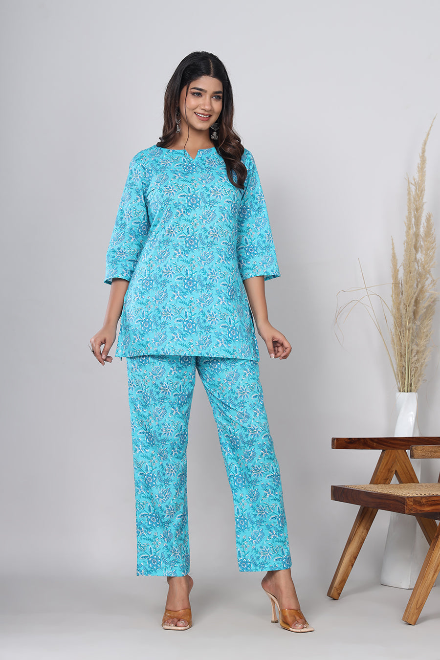 Srishti Textile Pure Cotton Bluish Cyan Floral Handblock Print Co-ord Set - Perfect for Casual Wear