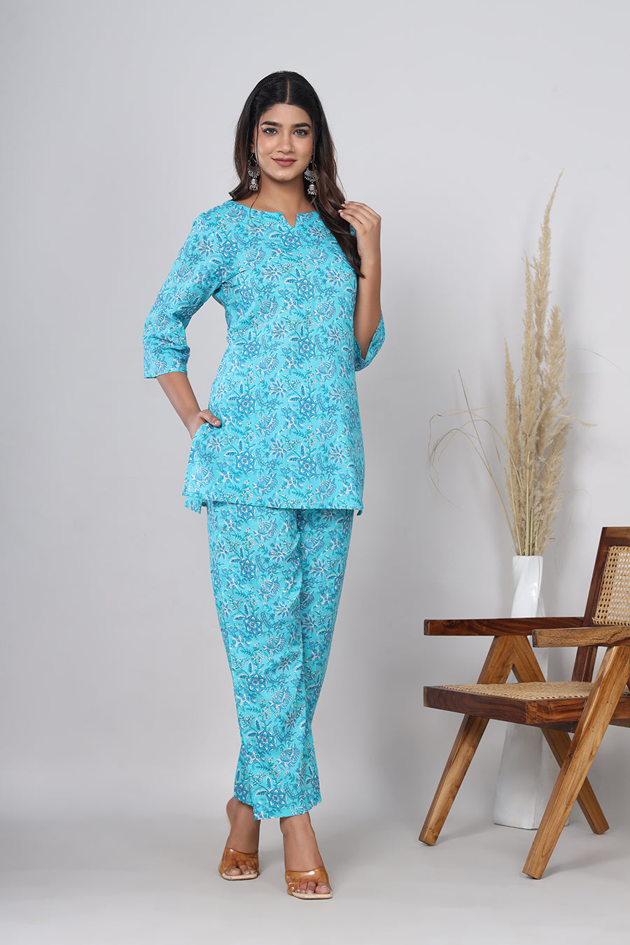 Srishti Textile Pure Cotton Bluish Cyan Floral Handblock Print Co-ord Set - Perfect for Casual Wear