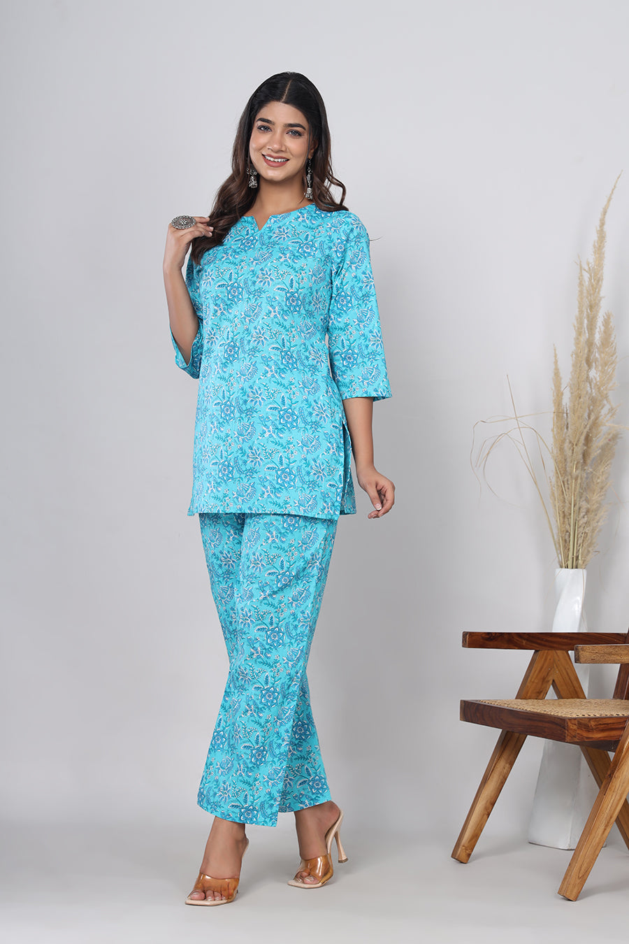 Srishti Textile Pure Cotton Bluish Cyan Floral Handblock Print Co-ord Set - Perfect for Casual Wear