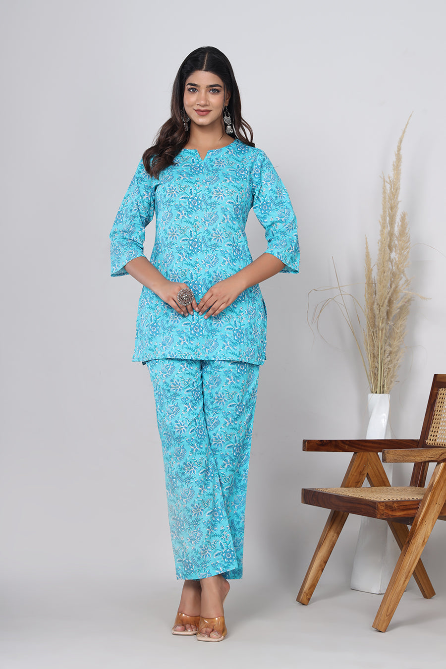 Srishti Textile Pure Cotton Bluish Cyan Floral Handblock Print Co-ord Set - Perfect for Casual Wear