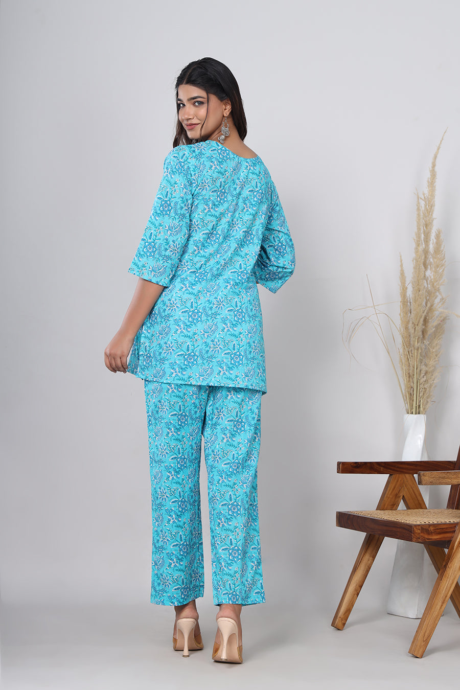 Srishti Textile Pure Cotton Bluish Cyan Floral Handblock Print Co-ord Set - Perfect for Casual Wear