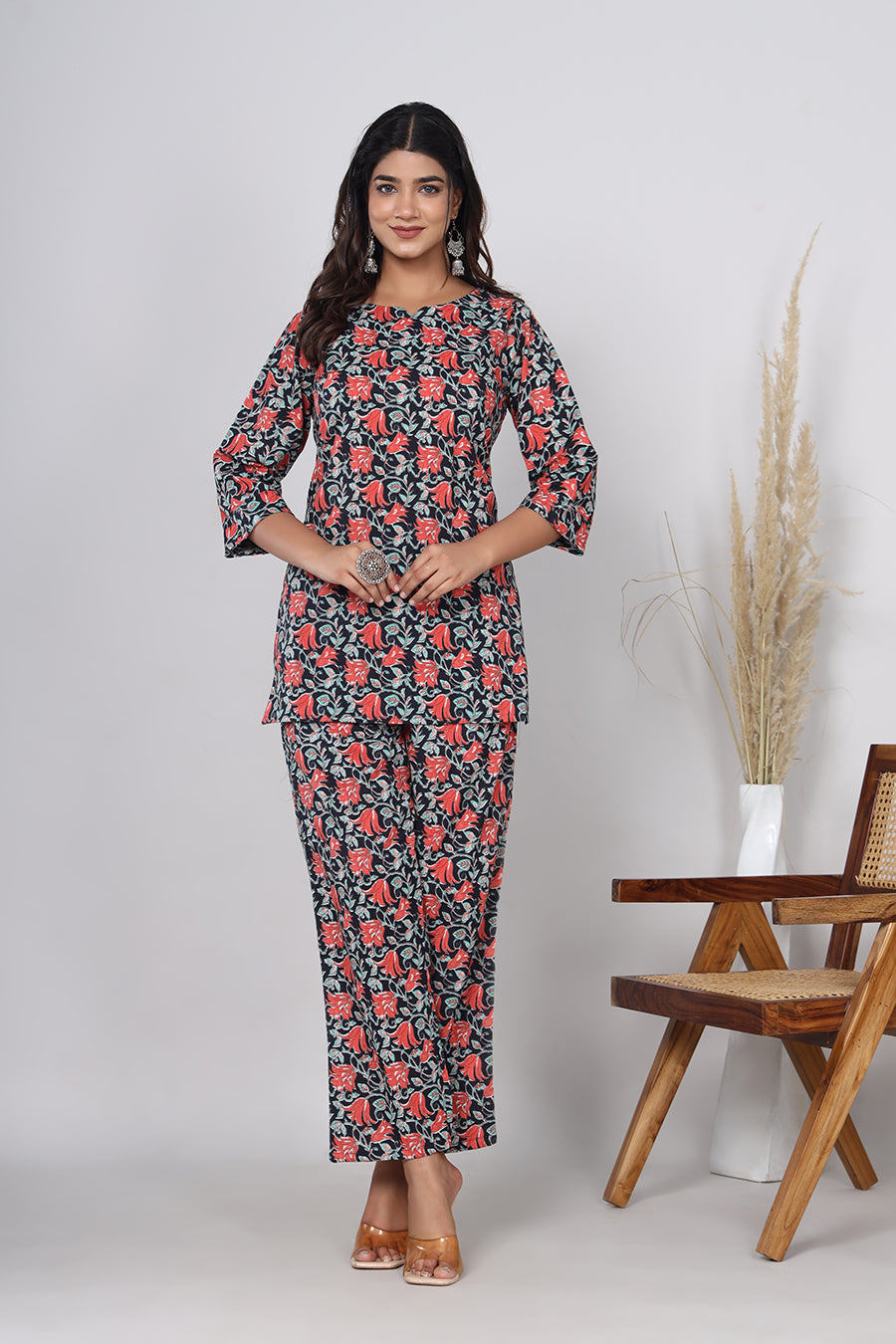 Srishti Textile Pure Cotton Black Floral Handblock Print Co-ord Set - Perfect for Casual Wear