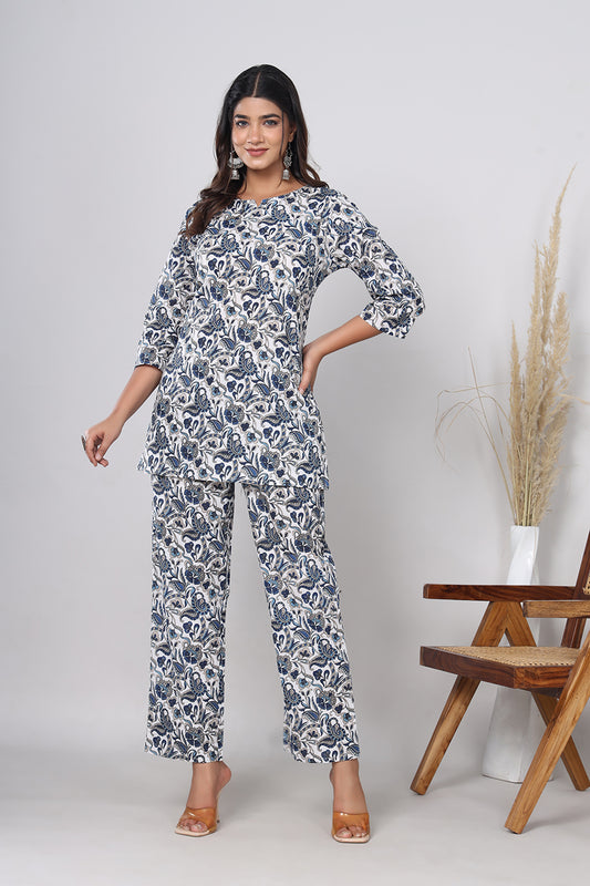 Srishti Textile Blue Floral Handblock Print Co-ord Set in Pure Cotton - Ideal for Casual Wear