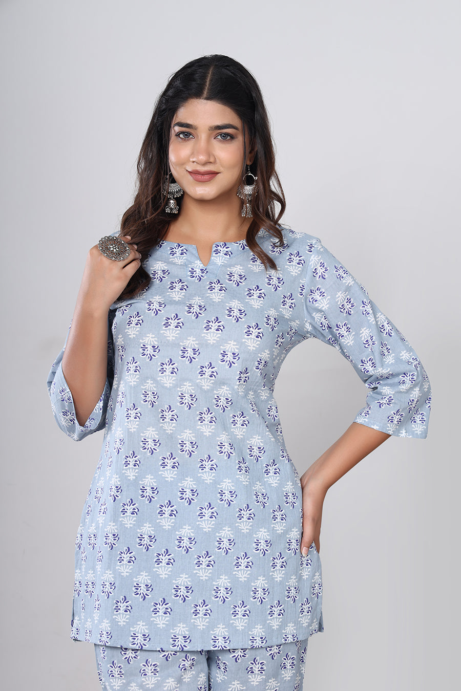 Srishti Textile Pure Cotton Tealish Blue Floral Booti Handblock Printed Co-ord Set