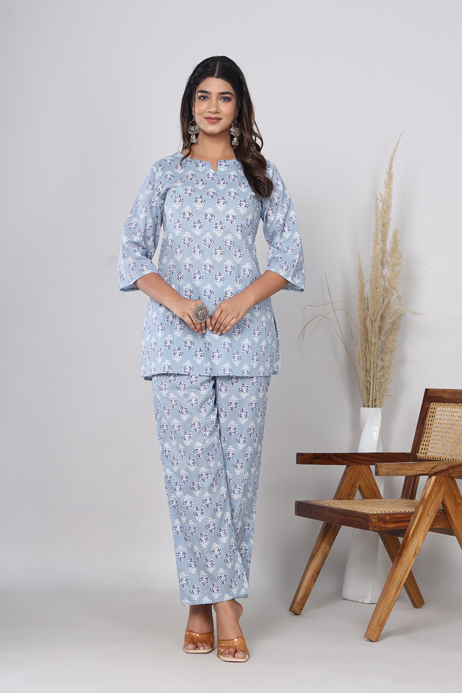 Srishti Textile Pure Cotton Tealish Blue Floral Booti Handblock Printed Co-ord Set