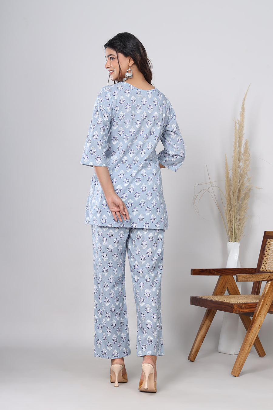 Srishti Textile Pure Cotton Tealish Blue Floral Booti Handblock Printed Co-ord Set