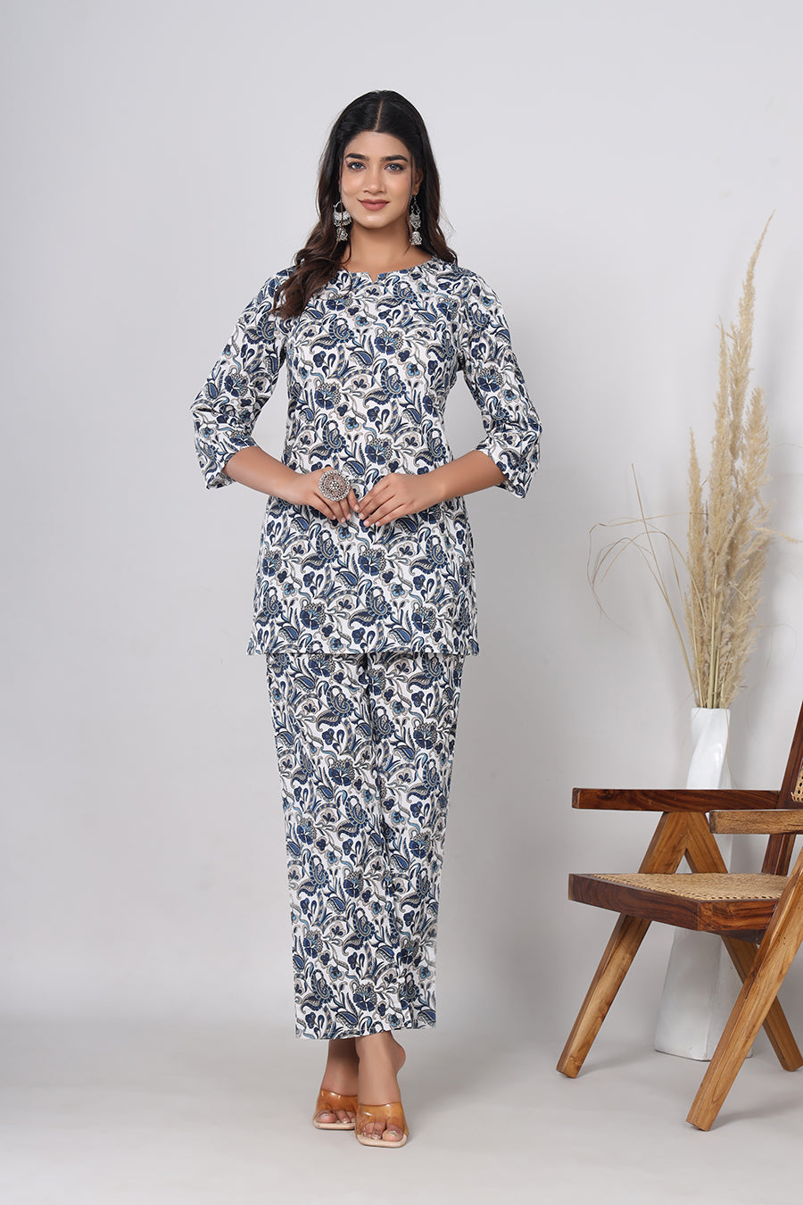 Srishti Textile Blue Floral Handblock Print Co-ord Set in Pure Cotton - Ideal for Casual Wear