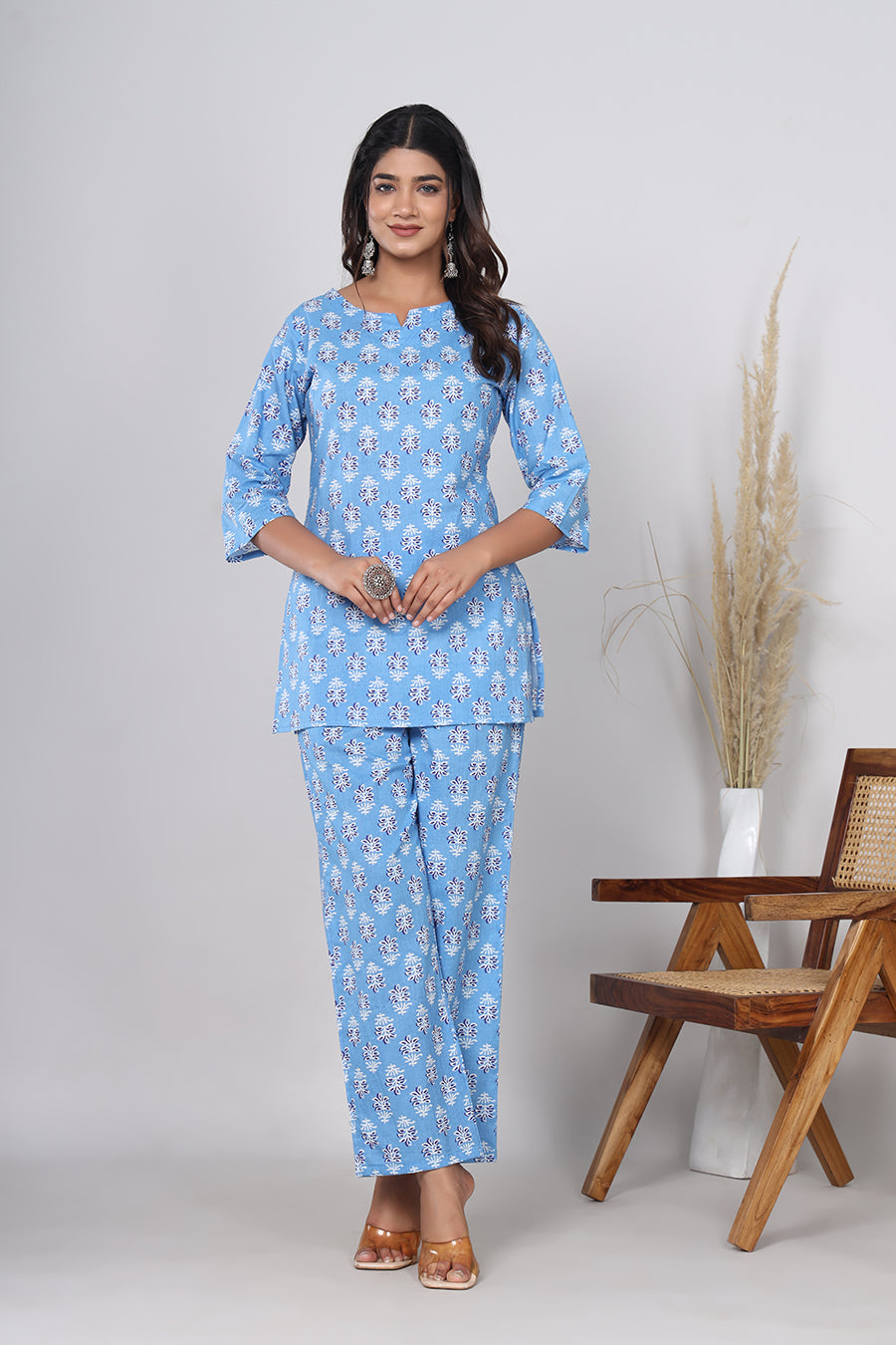 Srishti Textile Pure Cotton Cyan-Blue Floral Booti Handblock Printed Co-ord Set