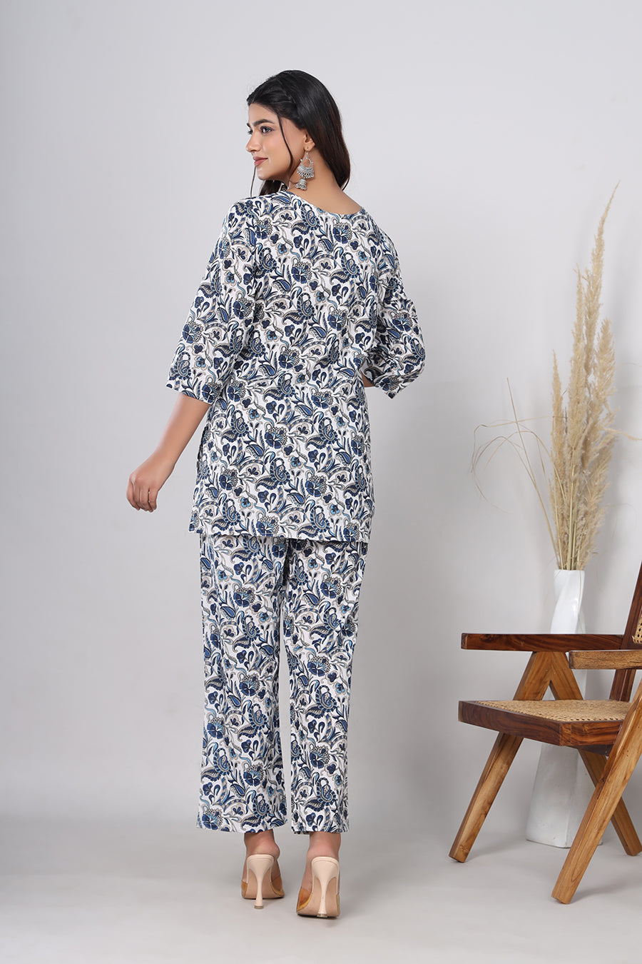 Srishti Textile Blue Floral Handblock Print Co-ord Set in Pure Cotton - Ideal for Casual Wear