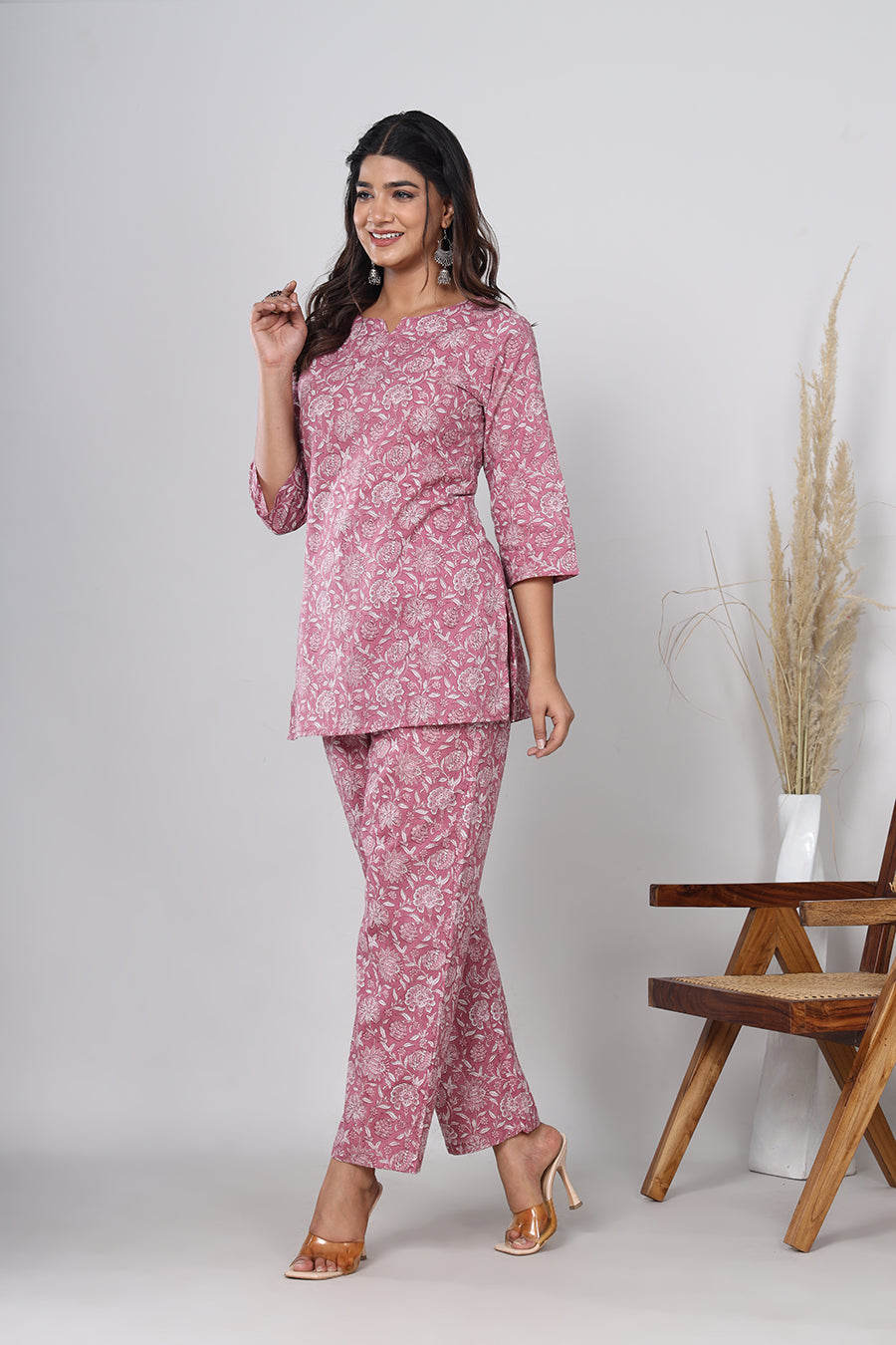 Srishti Textile Pinkish Red Floral Handblock Printed Pure Cotton Co-ord Set