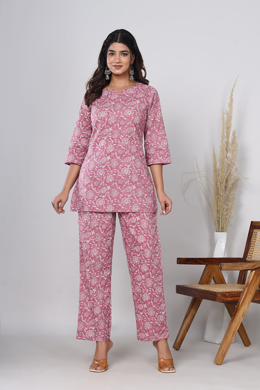 Srishti Textile Pinkish Red Floral Handblock Printed Pure Cotton Co-ord Set