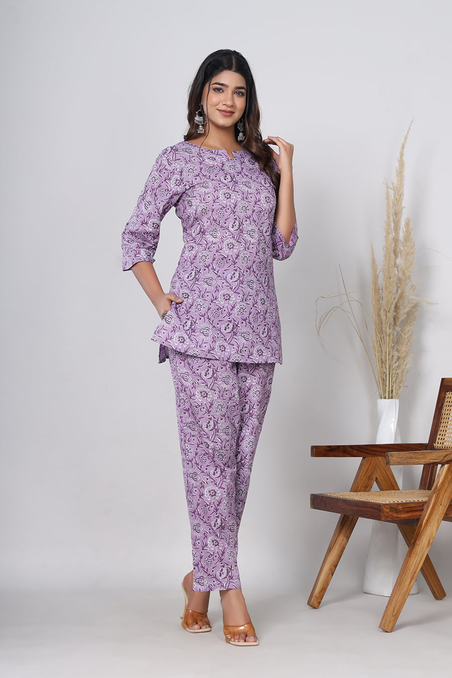 Srishti Textile Pure Cotton Purple Floral Handblock Print Co-ord Set - Perfect for Casual Wear