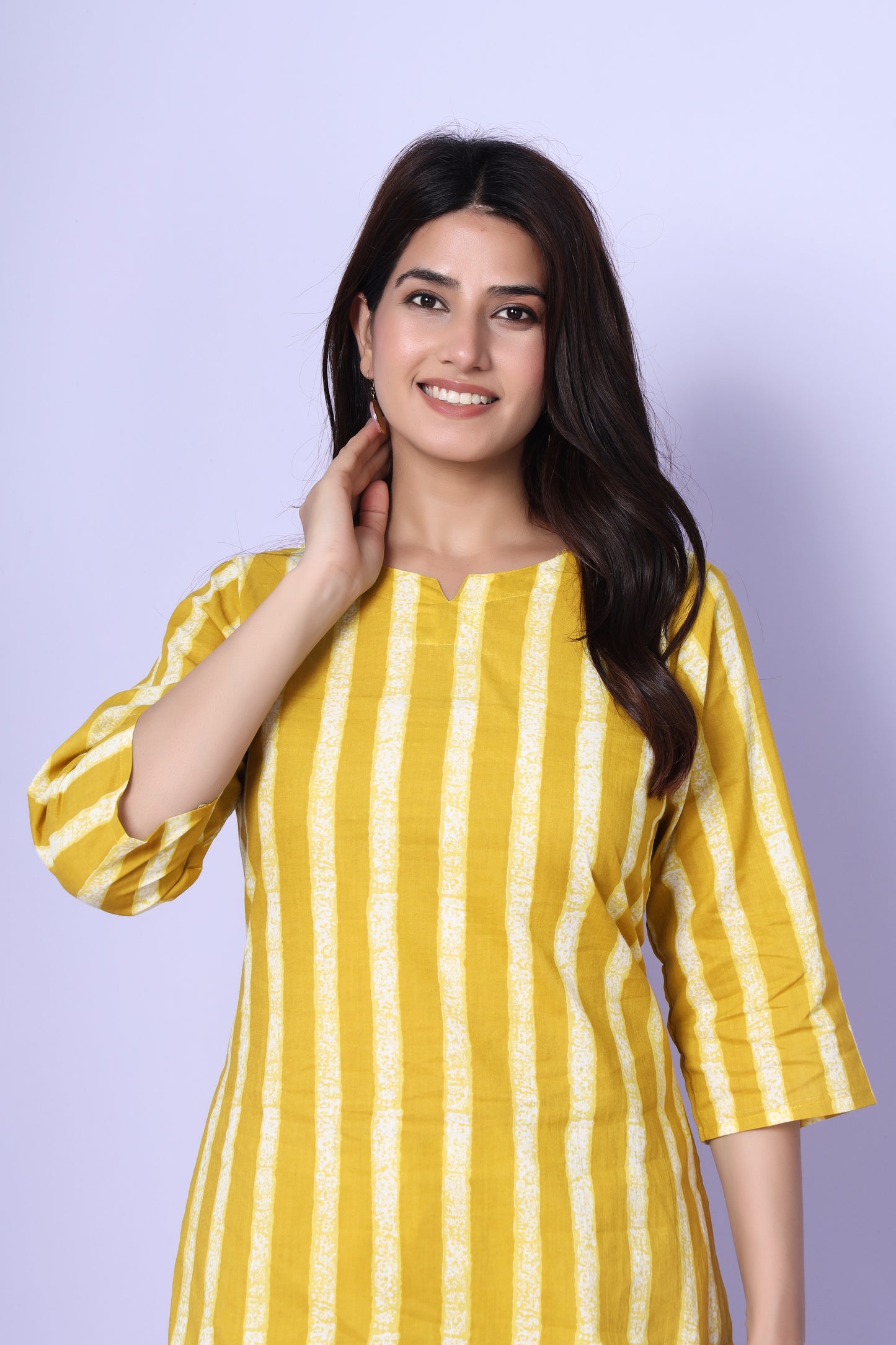 Sunshine Stripes: Jaipuri-Printed Cotton Cord Set in Yellow by Srishti Textile