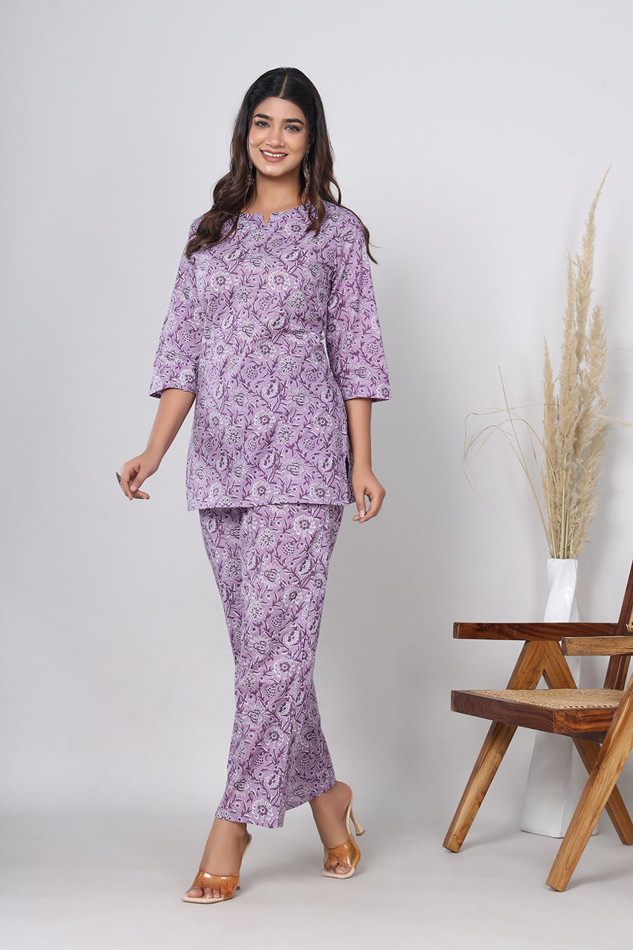 Srishti Textile Pure Cotton Purple Floral Handblock Print Co-ord Set - Perfect for Casual Wear