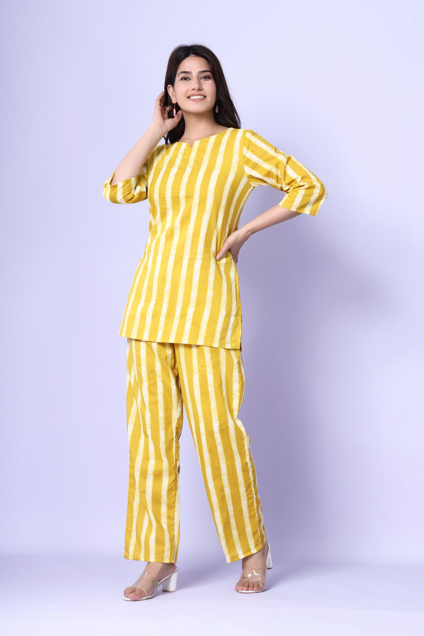 Sunshine Stripes: Jaipuri-Printed Cotton Cord Set in Yellow by Srishti Textile