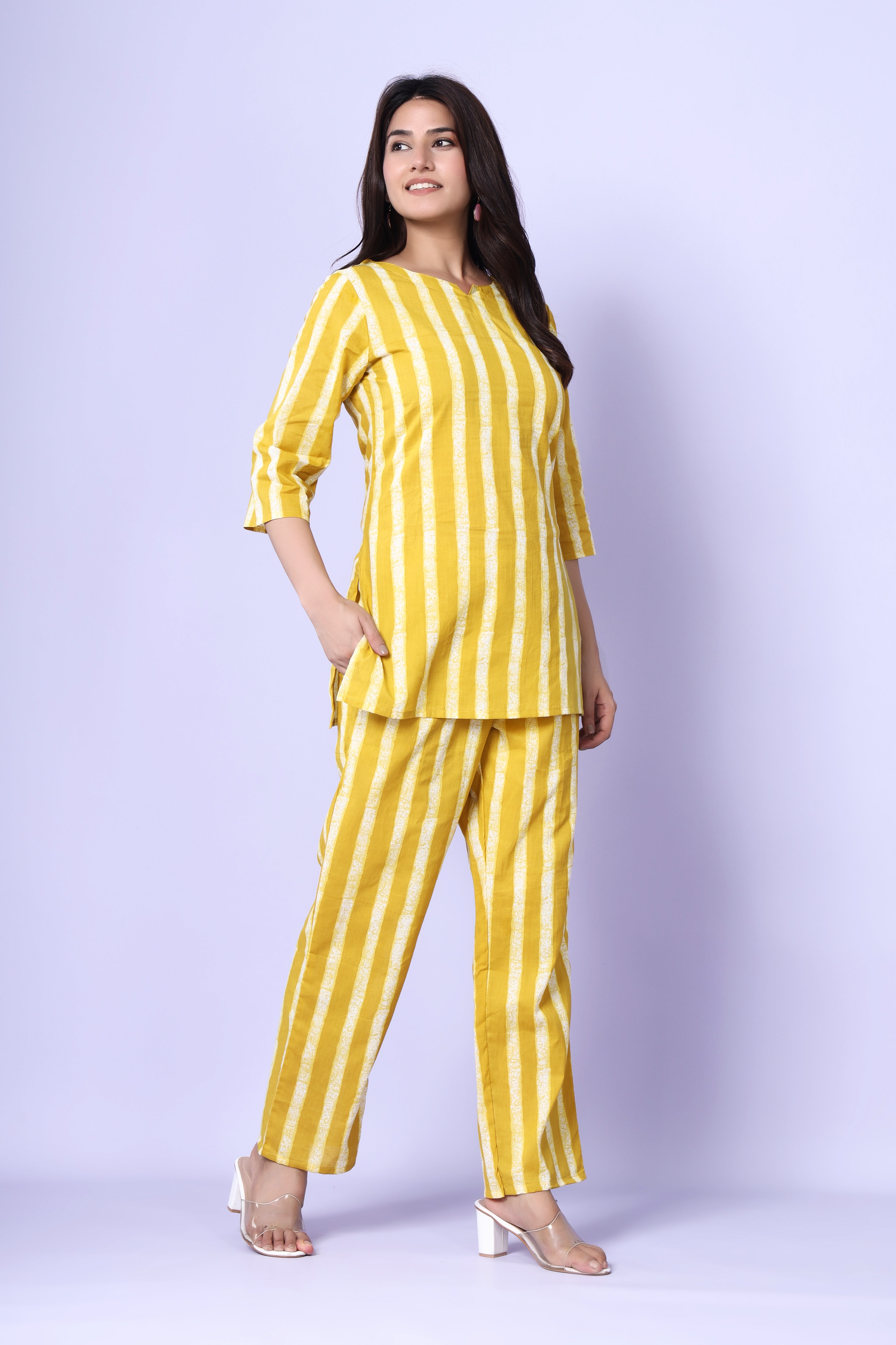 Sunshine Stripes: Jaipuri-Printed Cotton Cord Set in Yellow by Srishti Textile