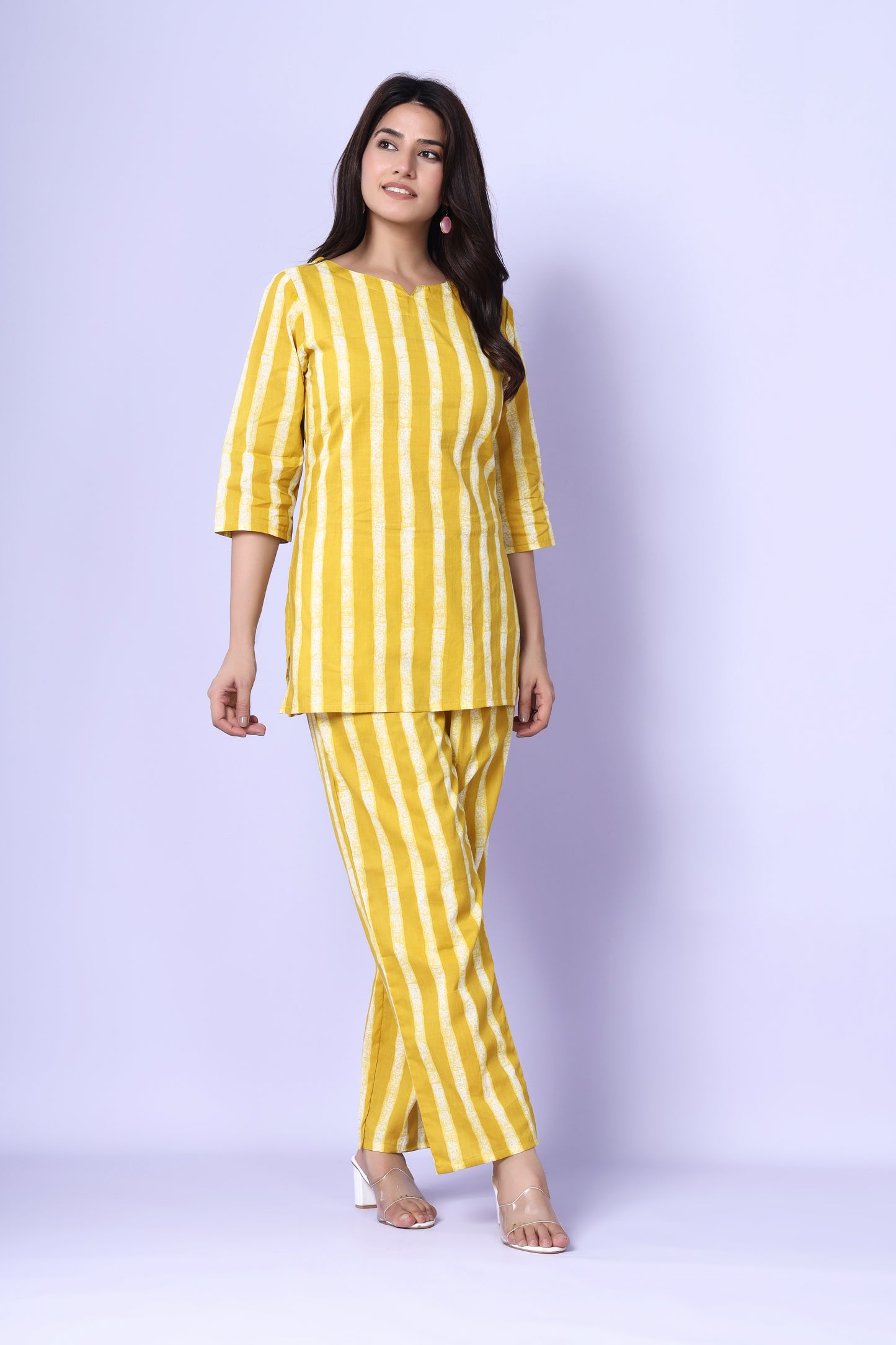 Sunshine Stripes: Jaipuri-Printed Cotton Cord Set in Yellow by Srishti Textile