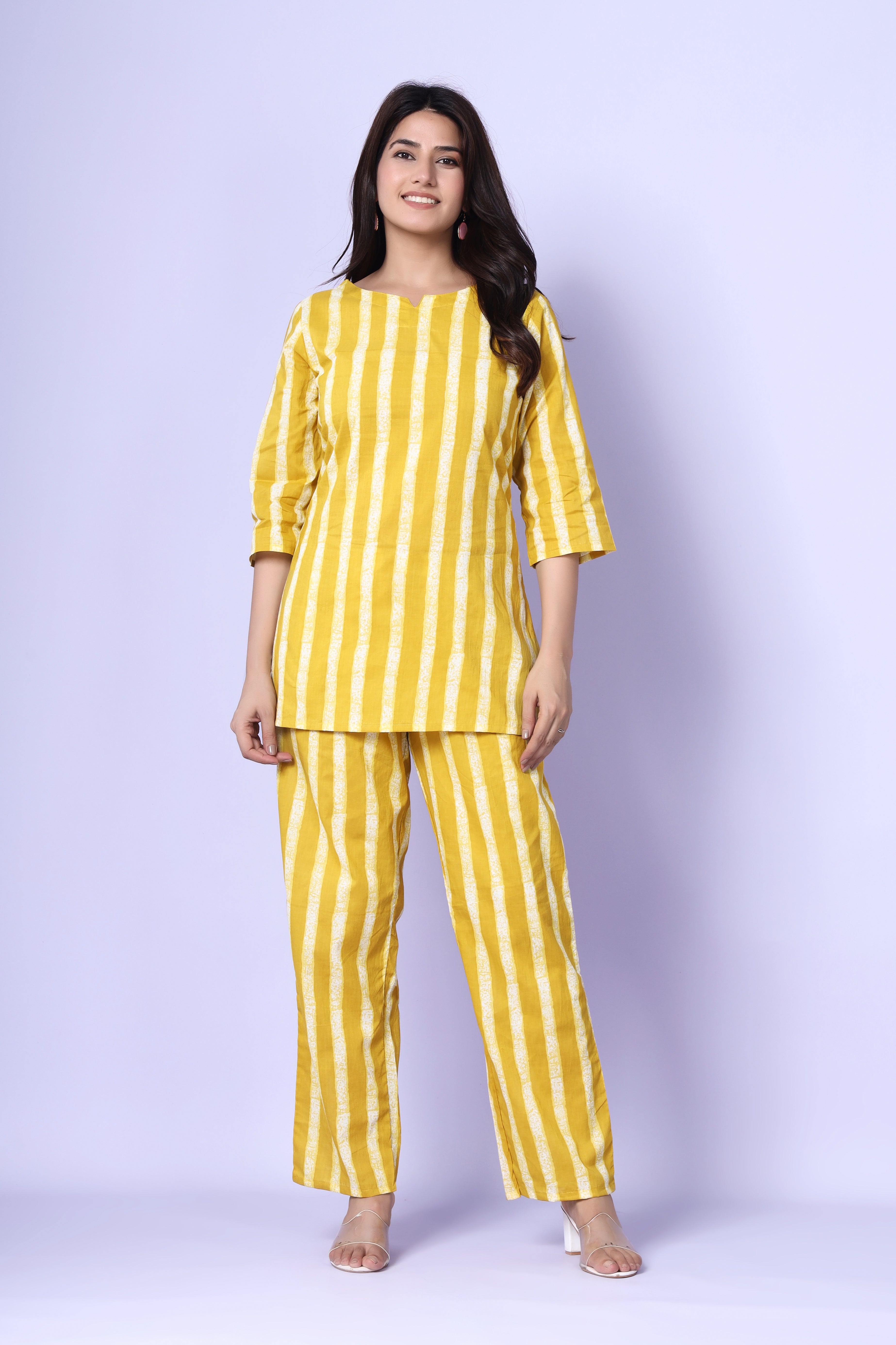 Sunshine Stripes: Jaipuri-Printed Cotton Cord Set in Yellow by Srishti Textile