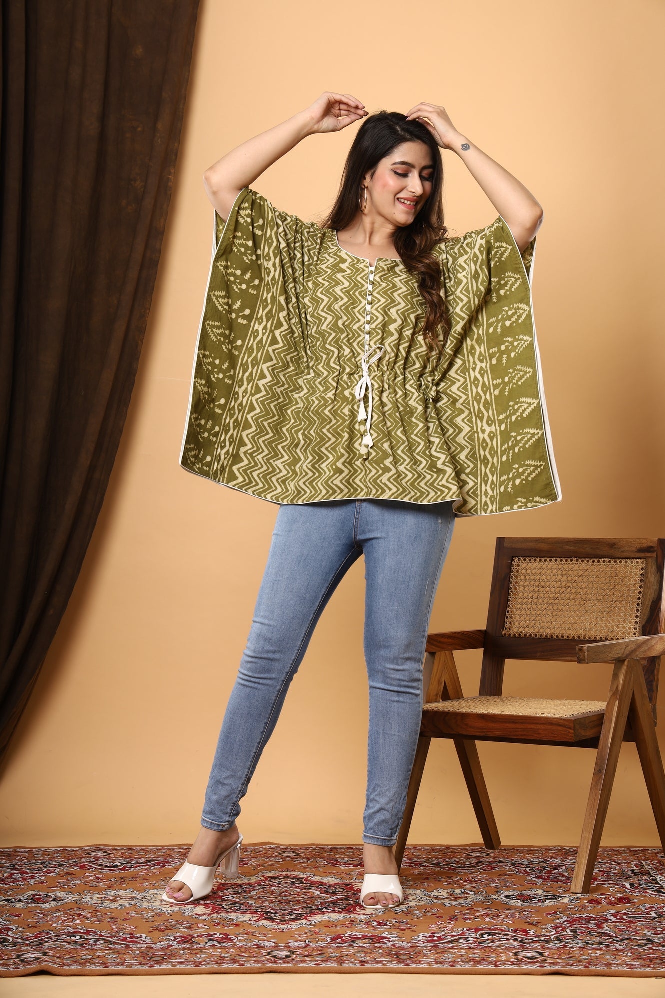 Jaipuri Mehandiya Magic: Ajrakh Printed Cotton Kaftan with Zig Zag Strip Line Design