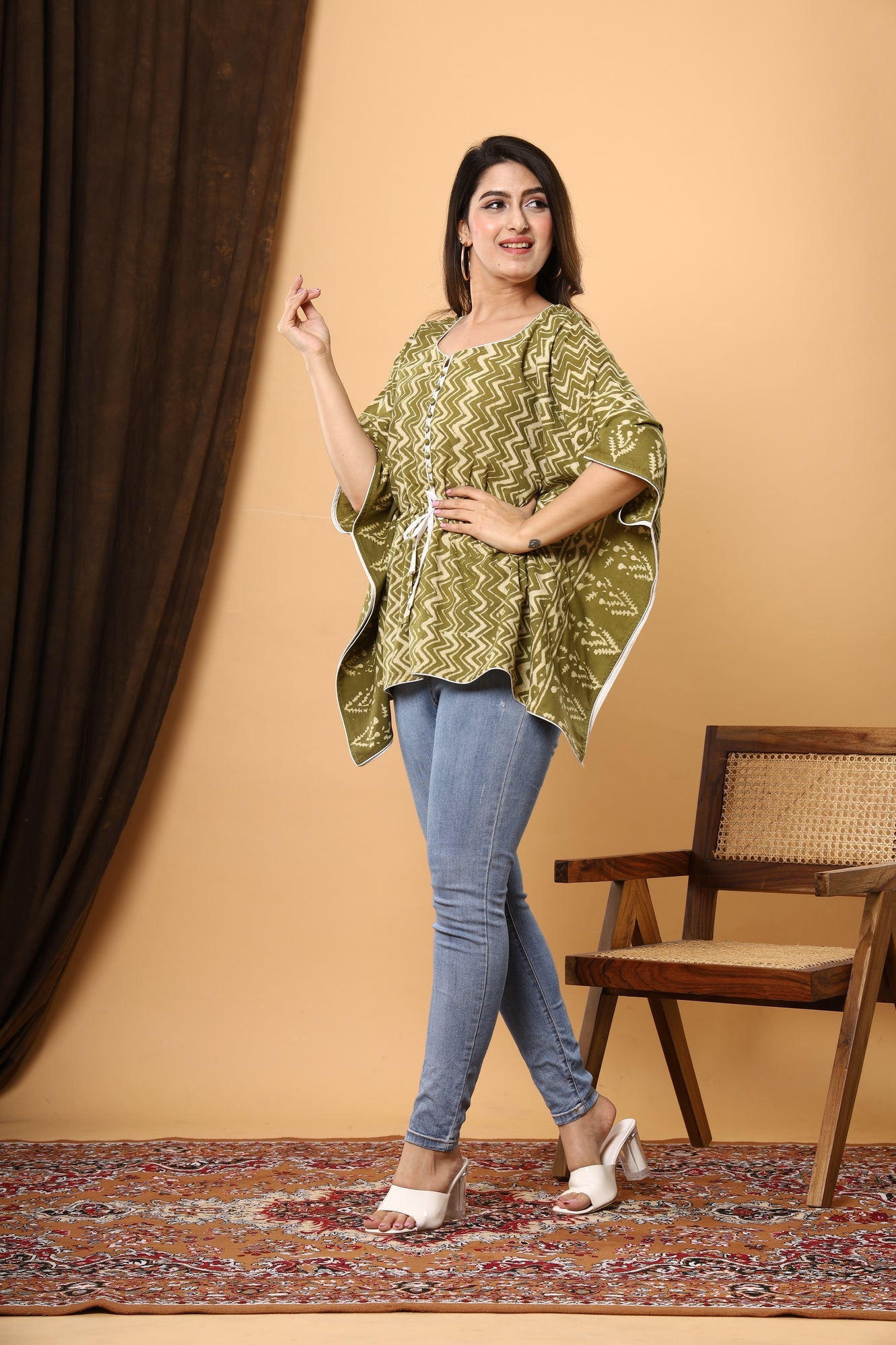 Jaipuri Mehandiya Magic: Ajrakh Printed Cotton Kaftan with Zig Zag Strip Line Design