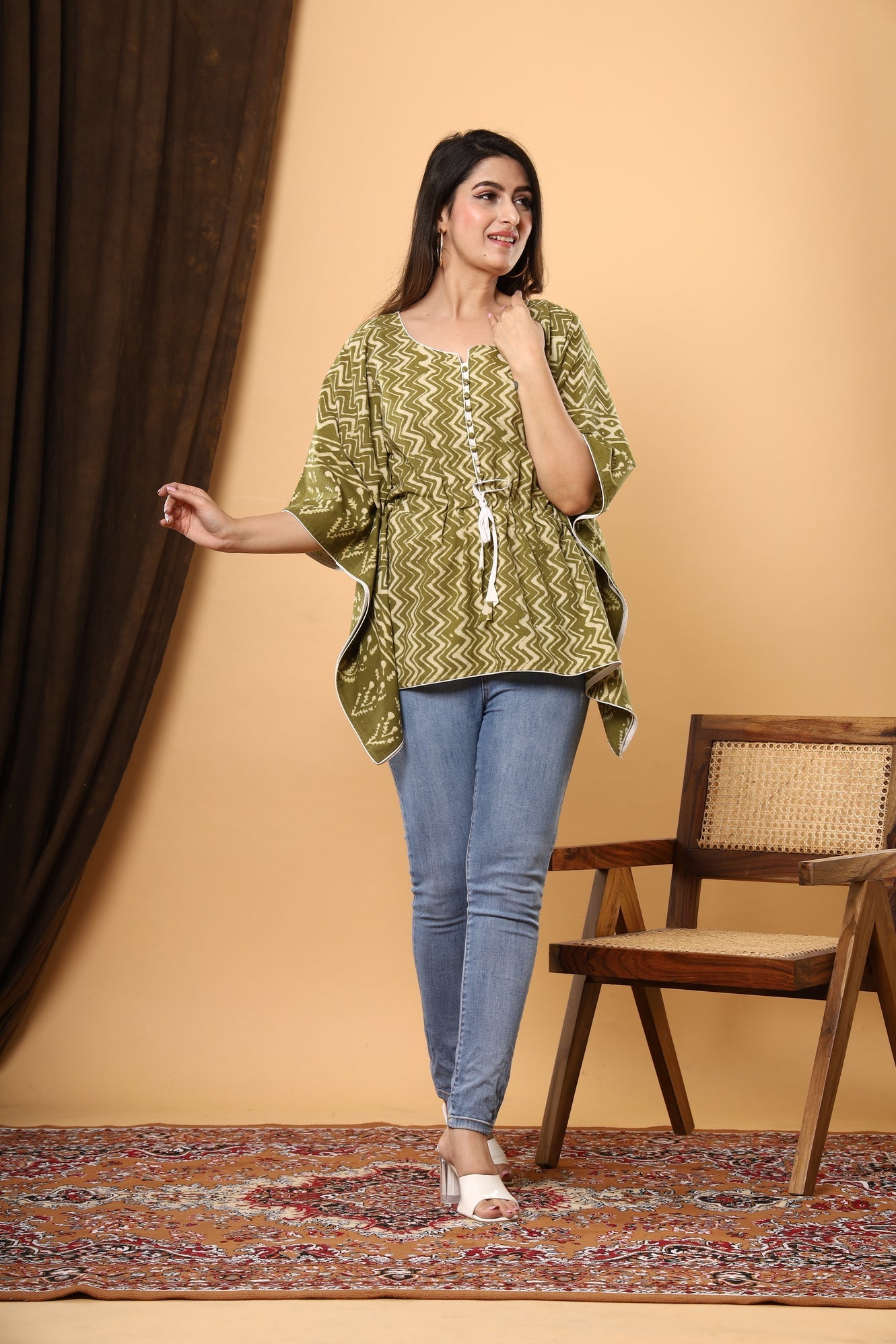 Jaipuri Mehandiya Magic: Ajrakh Printed Cotton Kaftan with Zig Zag Strip Line Design