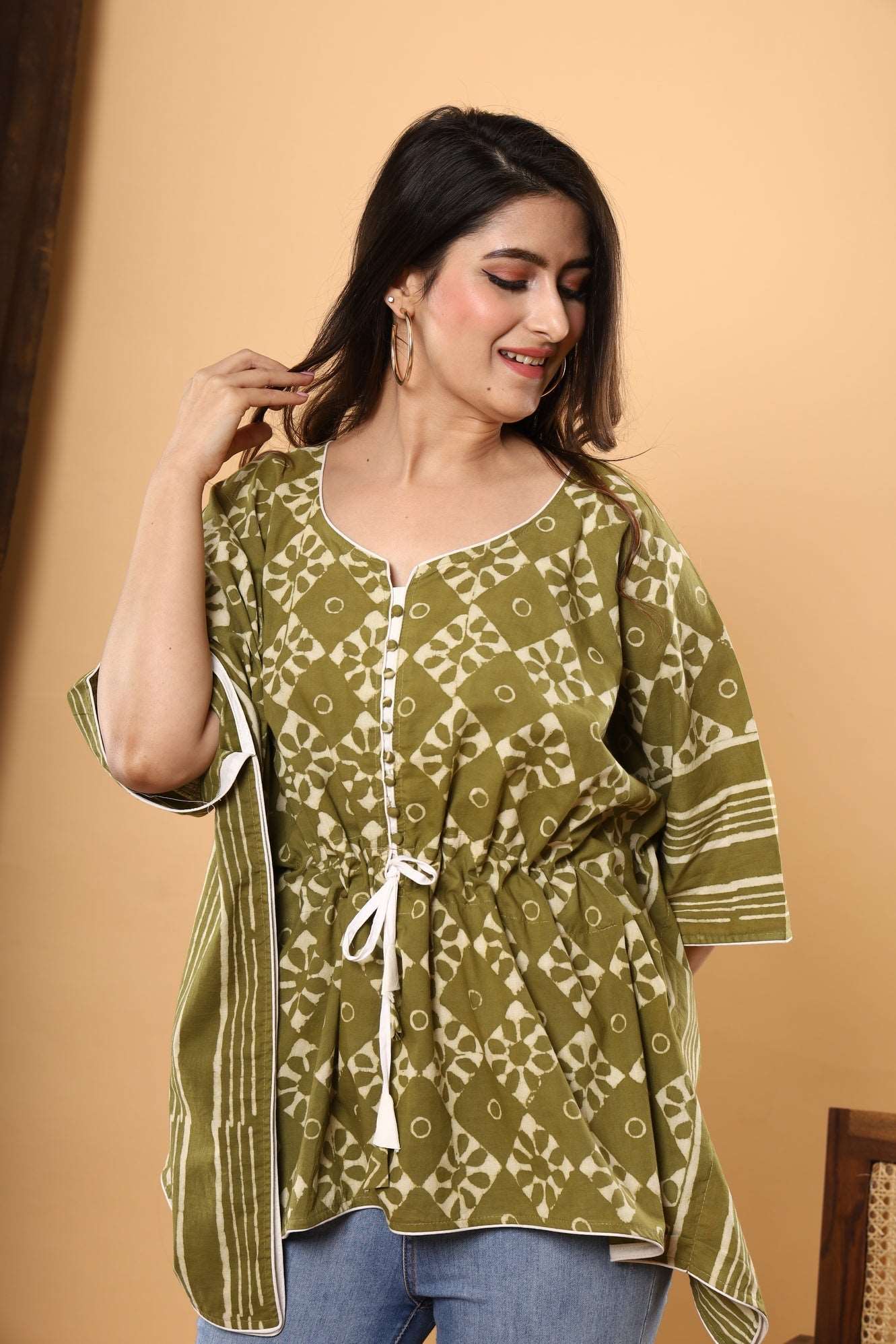 Jaipuri Bliss: Mehandiya Cotton Kaftan with Sanganeri and Ajrakh Print