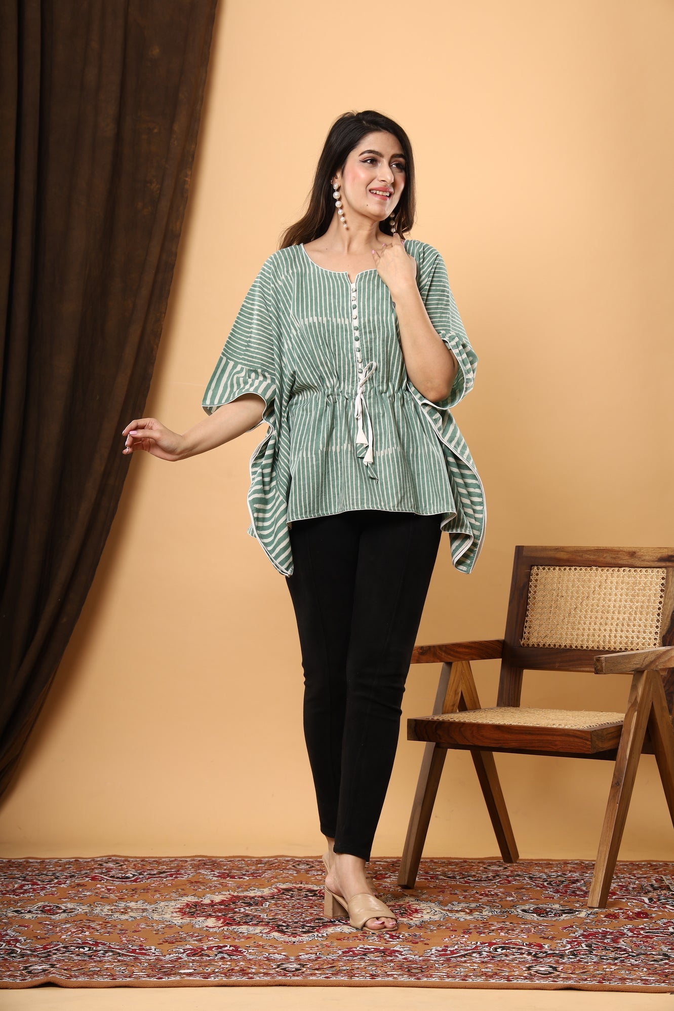 Sanganeri Splendor: Jaipuri Daabu Printed Cotton Kaftan in Green Cyan