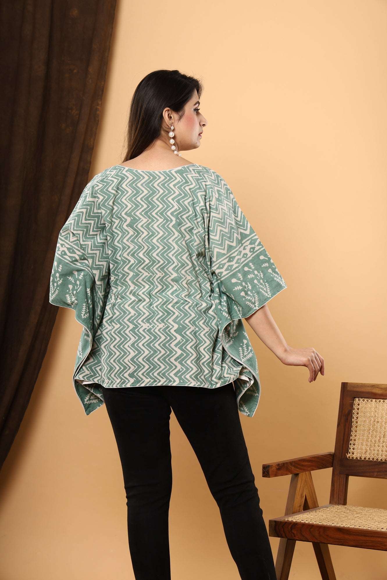 Jaipuri Emerald Kaftan: Cotton with Daabu Printing and Zigzag Sanganeri Print