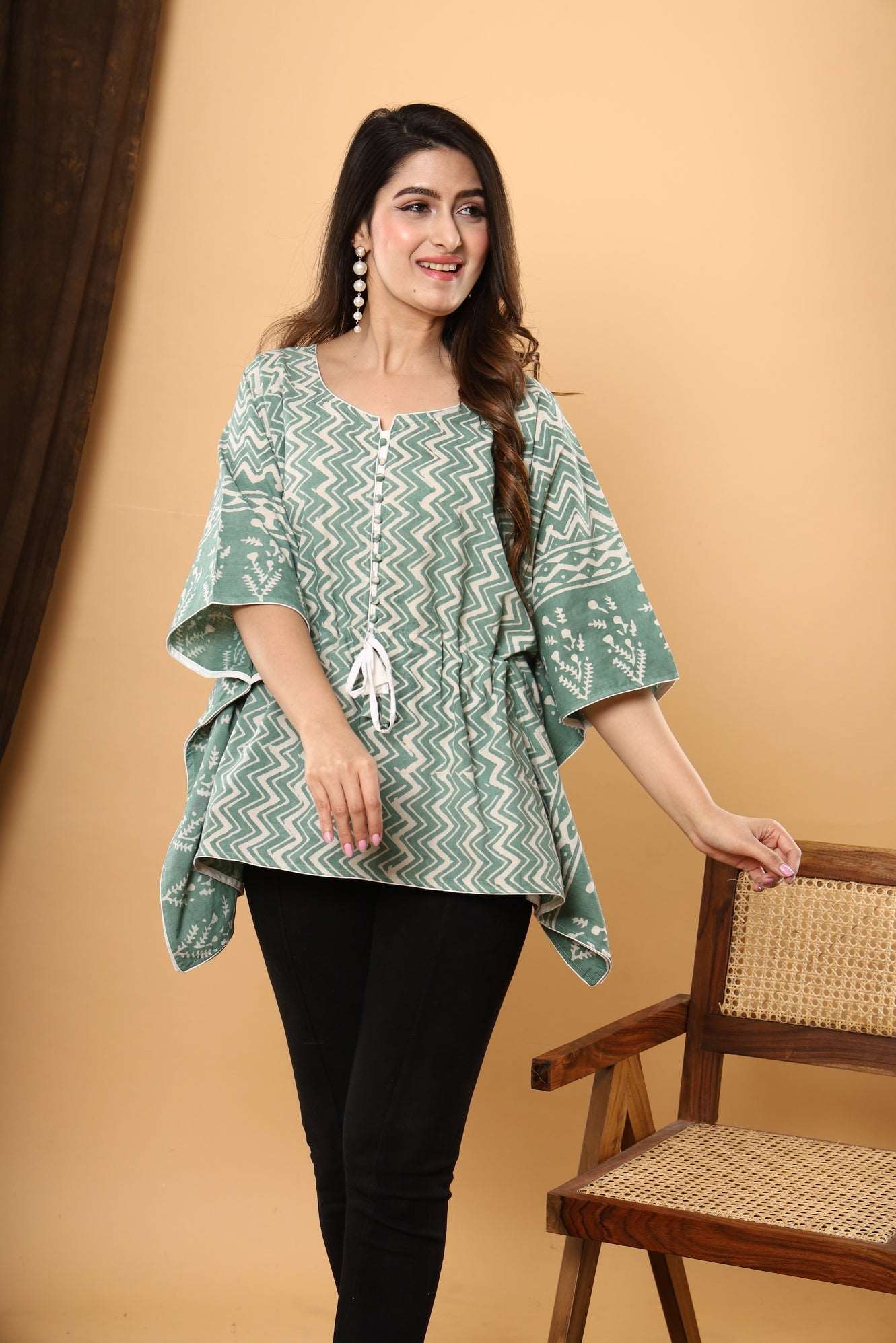 Jaipuri Emerald Kaftan: Cotton with Daabu Printing and Zigzag Sanganeri Print