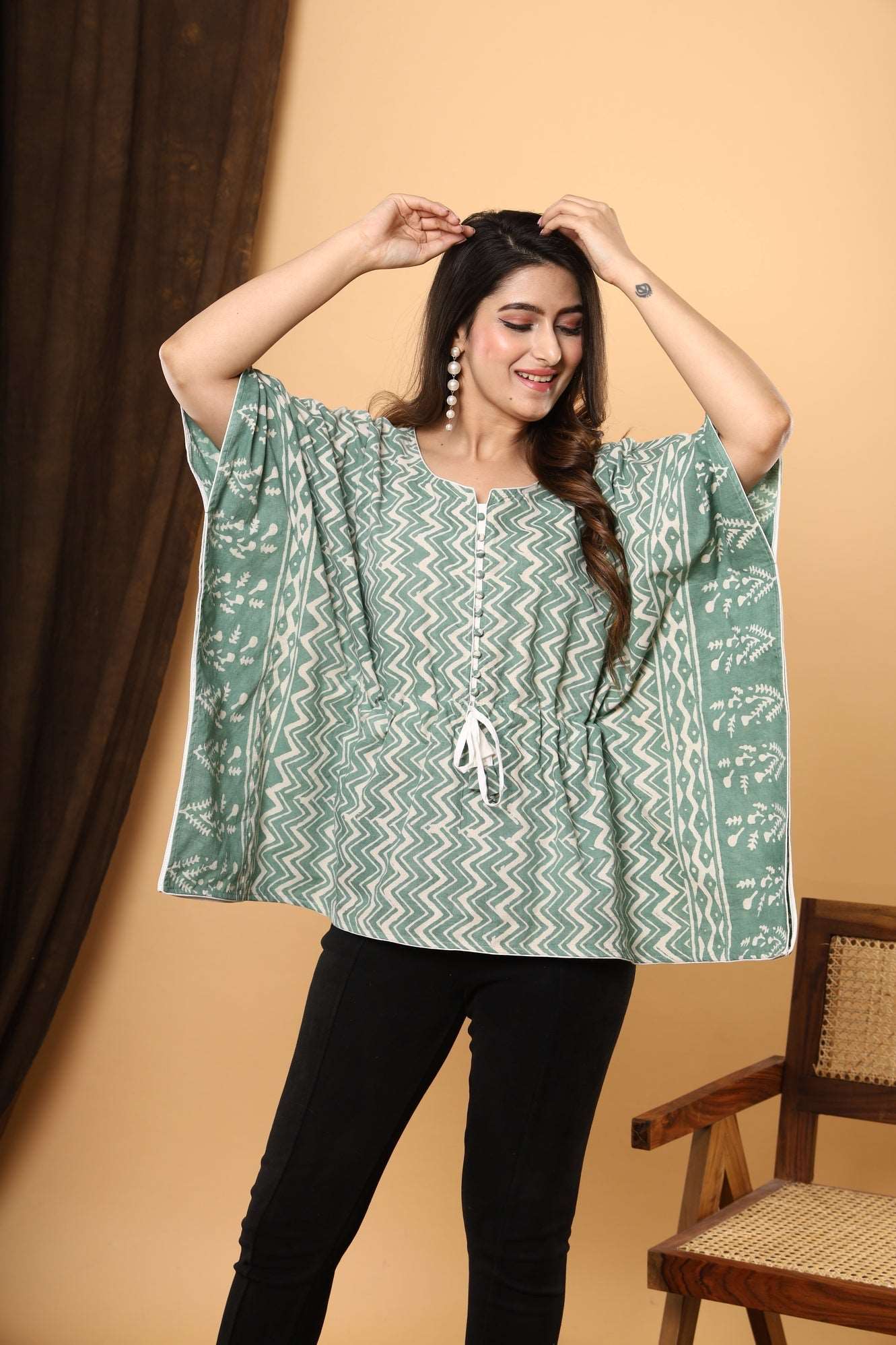 Jaipuri Emerald Kaftan: Cotton with Daabu Printing and Zigzag Sanganeri Print