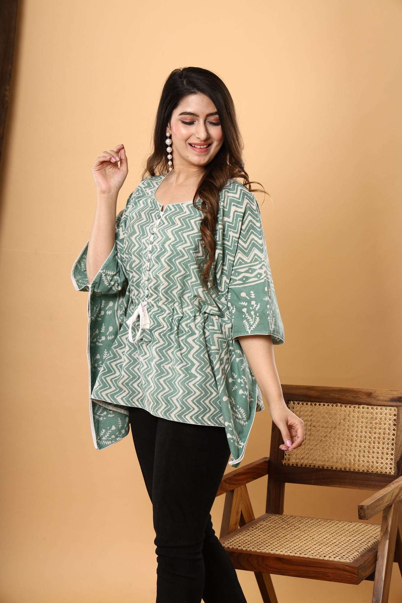 Jaipuri Emerald Kaftan: Cotton with Daabu Printing and Zigzag Sanganeri Print