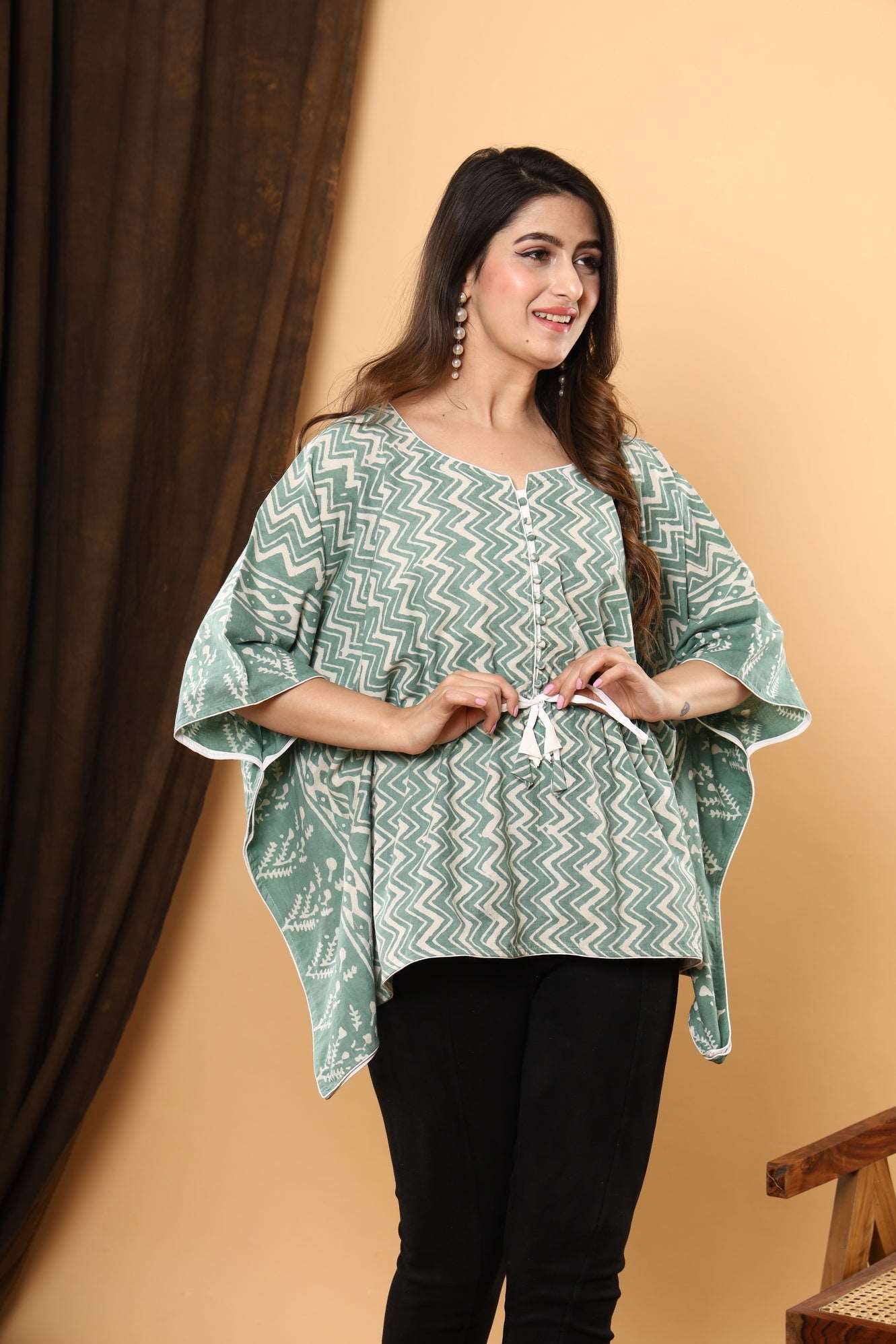 Jaipuri Emerald Kaftan: Cotton with Daabu Printing and Zigzag Sanganeri Print