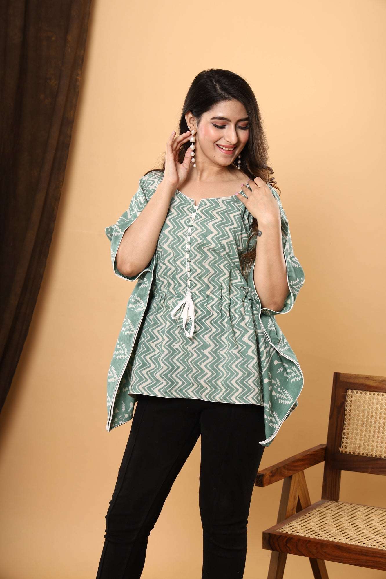 Jaipuri Emerald Kaftan: Cotton with Daabu Printing and Zigzag Sanganeri Print