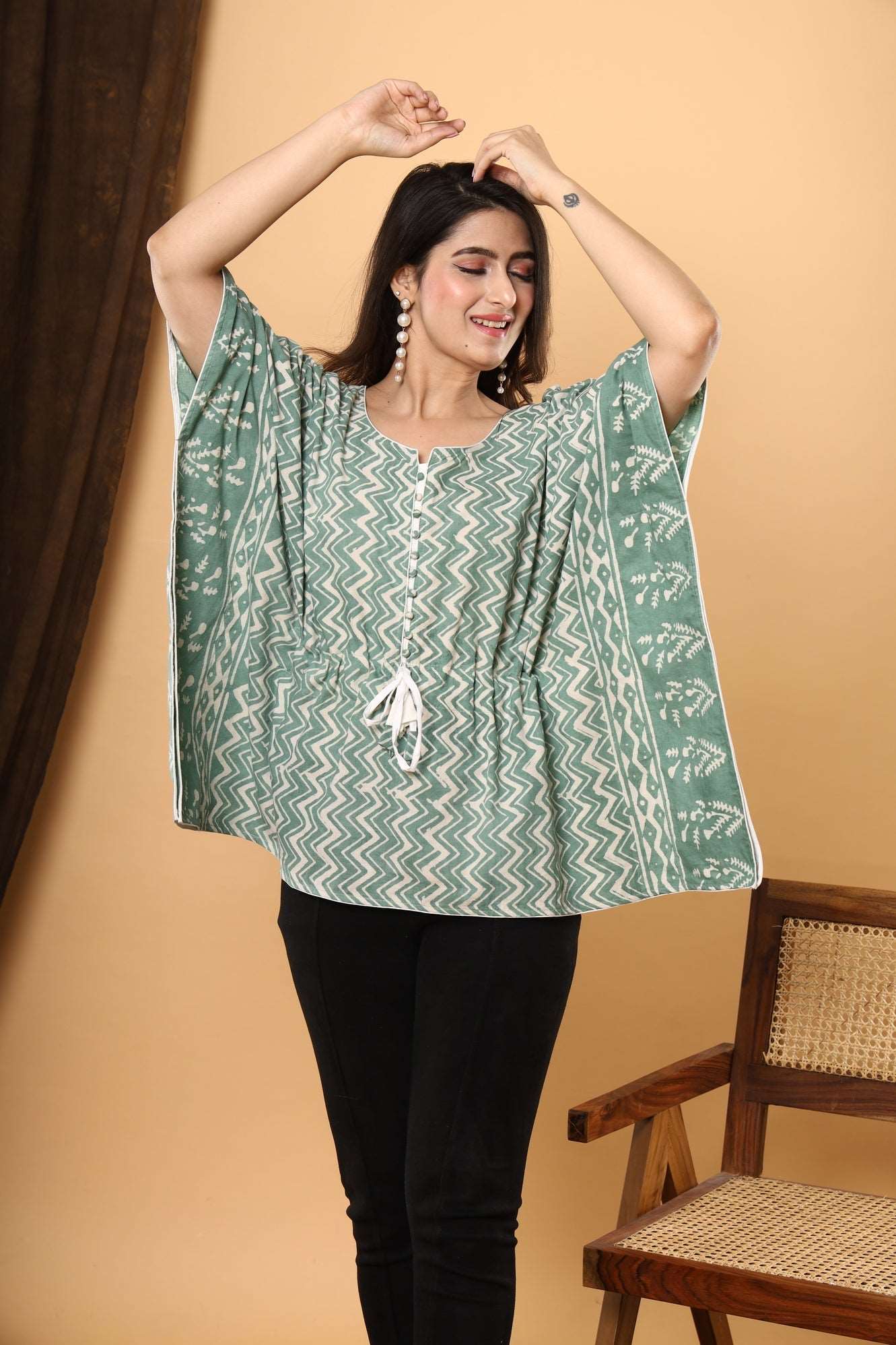 Jaipuri Emerald Kaftan: Cotton with Daabu Printing and Zigzag Sanganeri Print