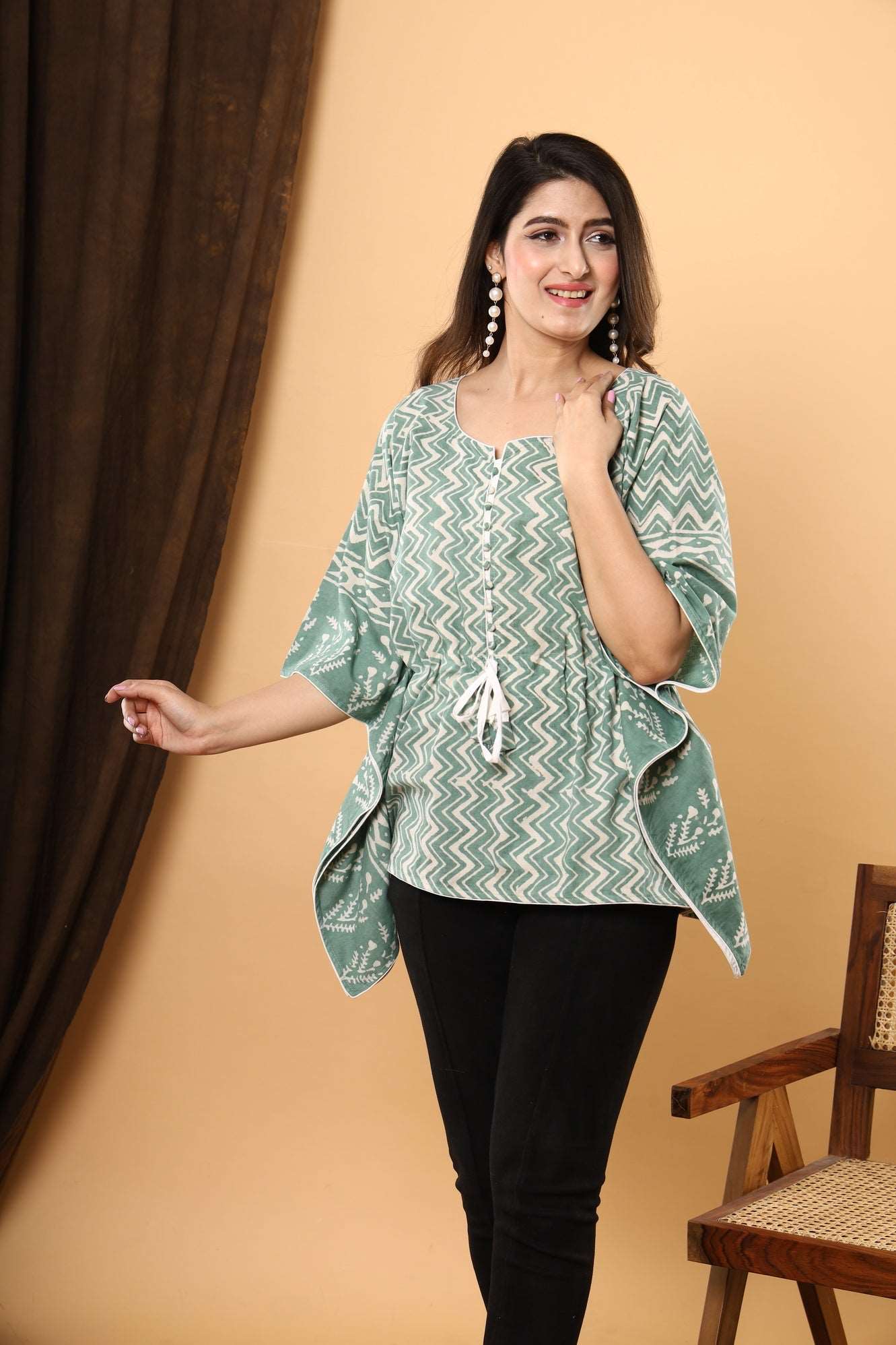 Jaipuri Emerald Kaftan: Cotton with Daabu Printing and Zigzag Sanganeri Print