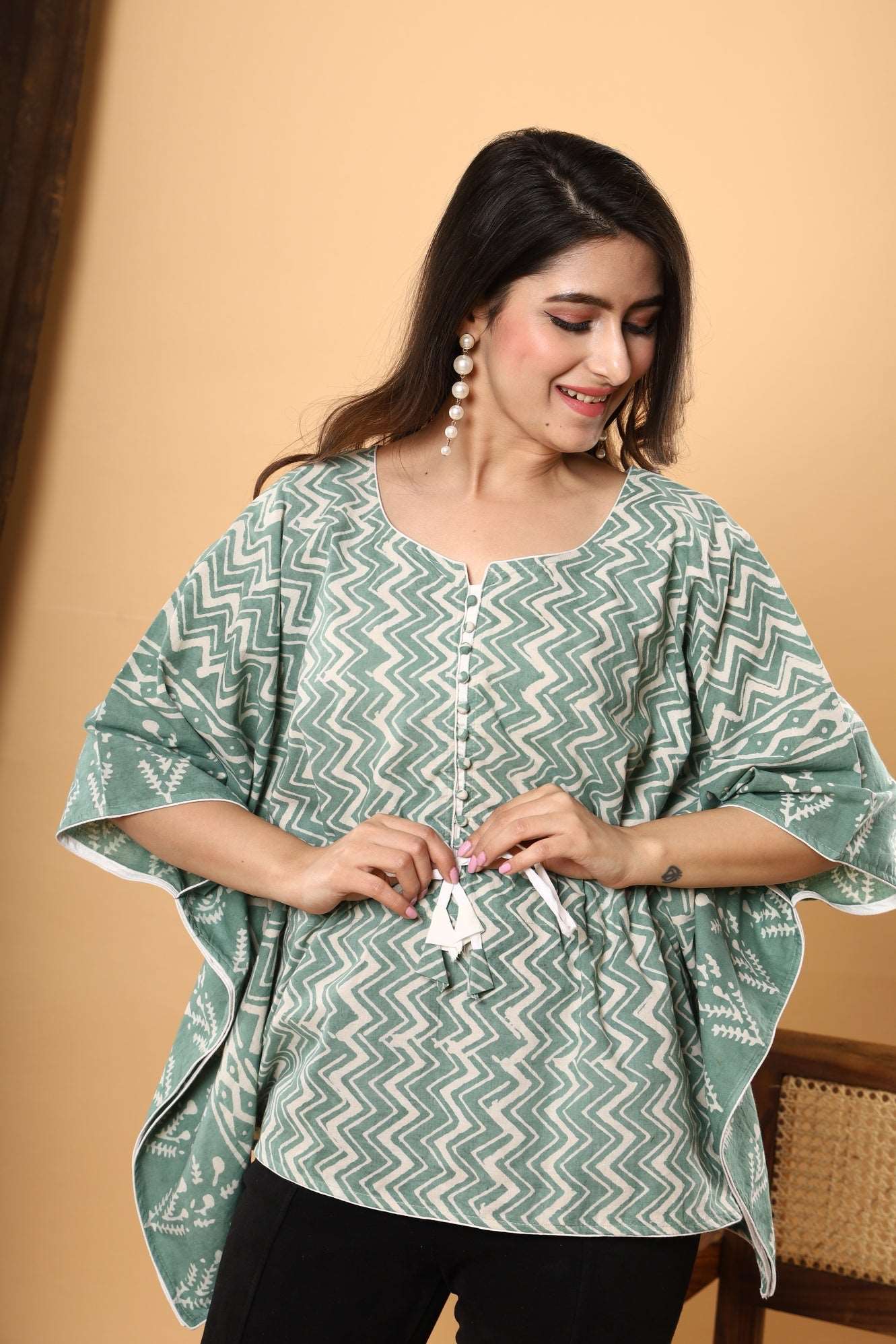 Jaipuri Emerald Kaftan: Cotton with Daabu Printing and Zigzag Sanganeri Print